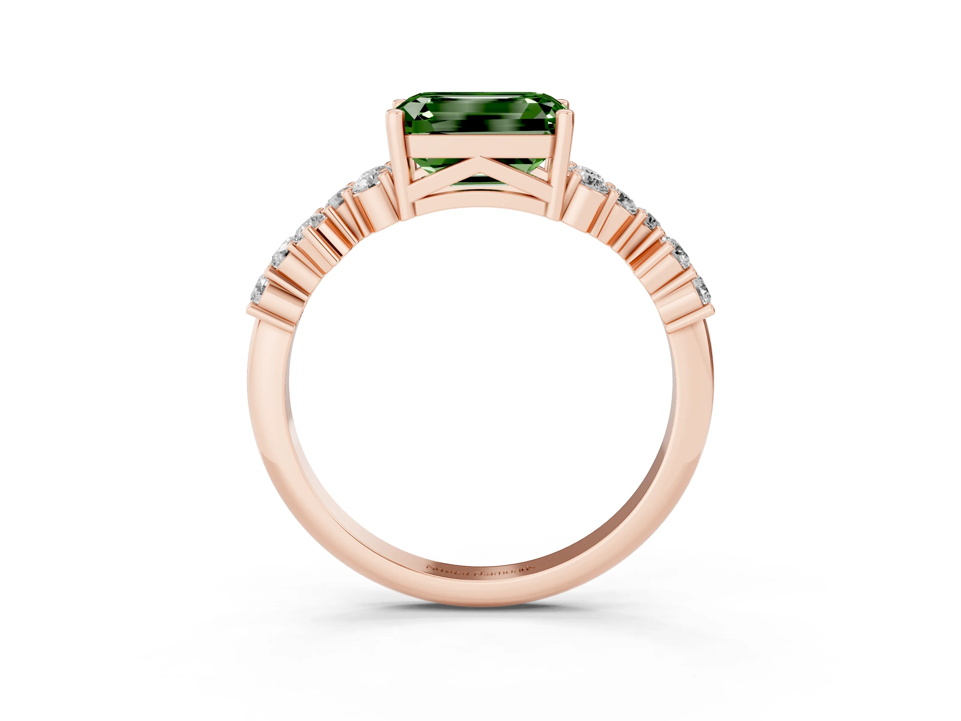 Fancy Green Emerald Cut Diamond Ring Set in Rose gold with Scattered Round Accents