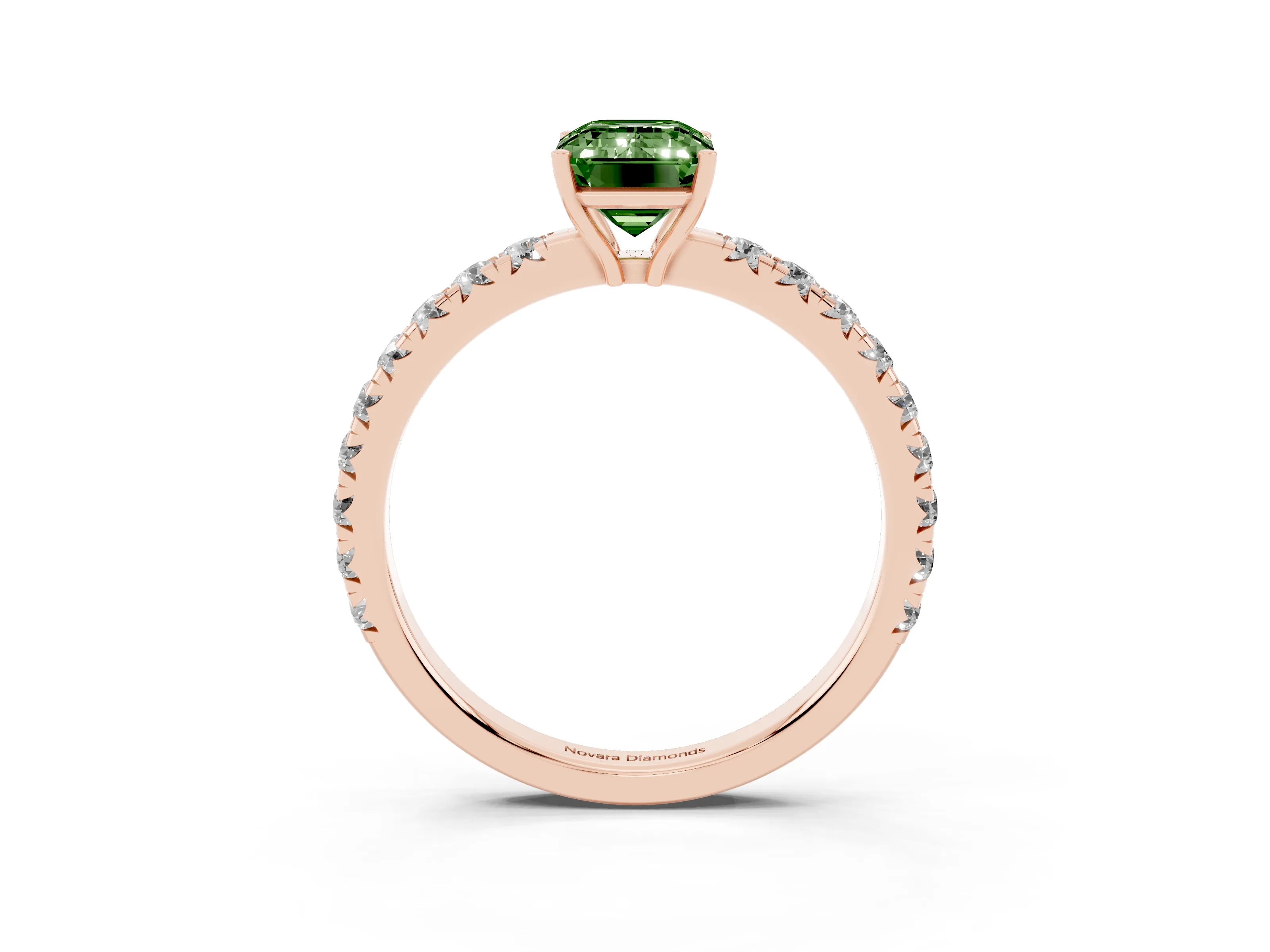 Fancy Green Emerald Cut Diamond Pavé Solitaire Engagement Ring Set in Rose gold with Prong Setting