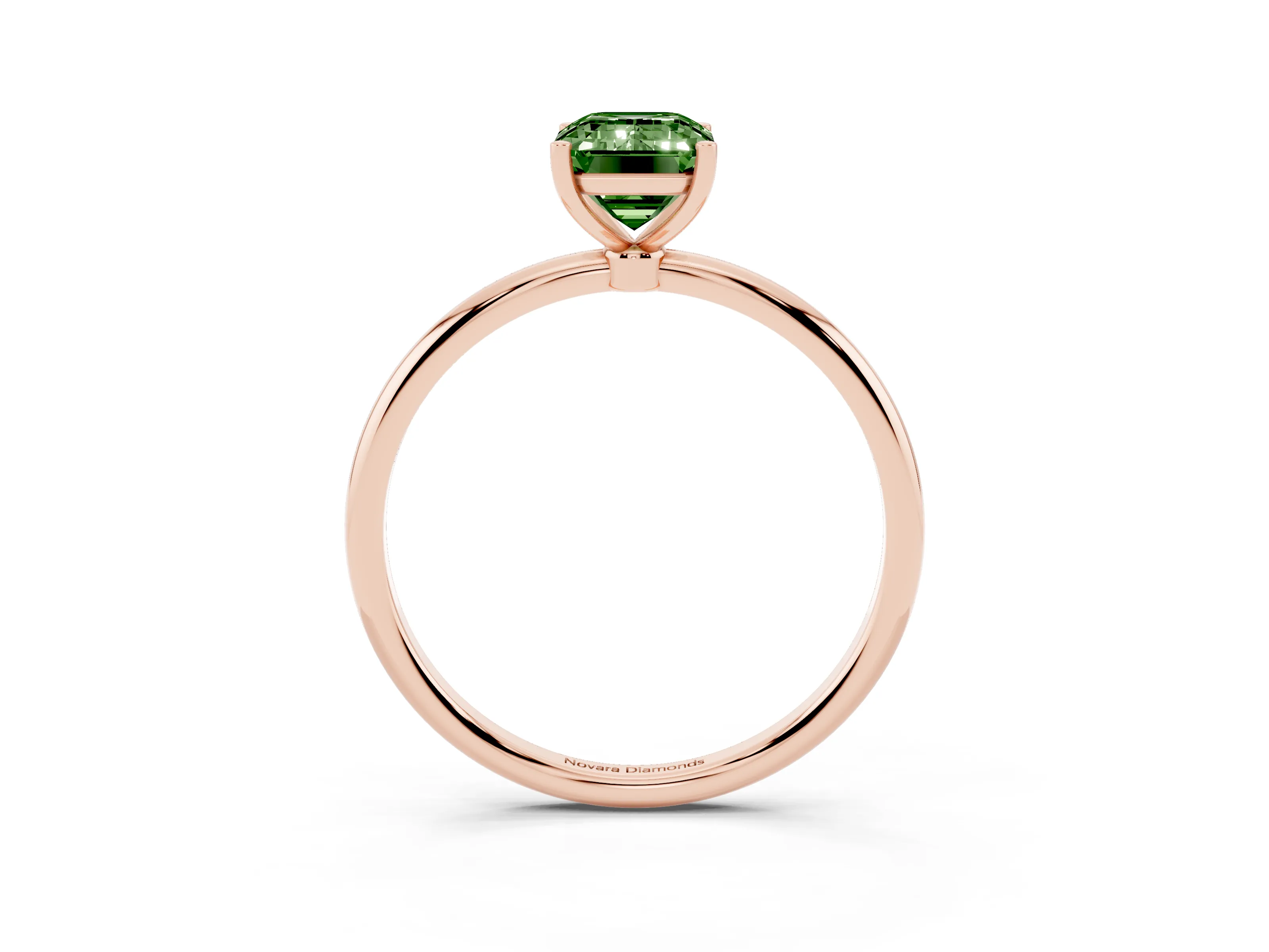 Fancy Green Emerald Cut Diamond Solitaire Engagement Ring Set in Rose gold with Thin Band and Prong Setting