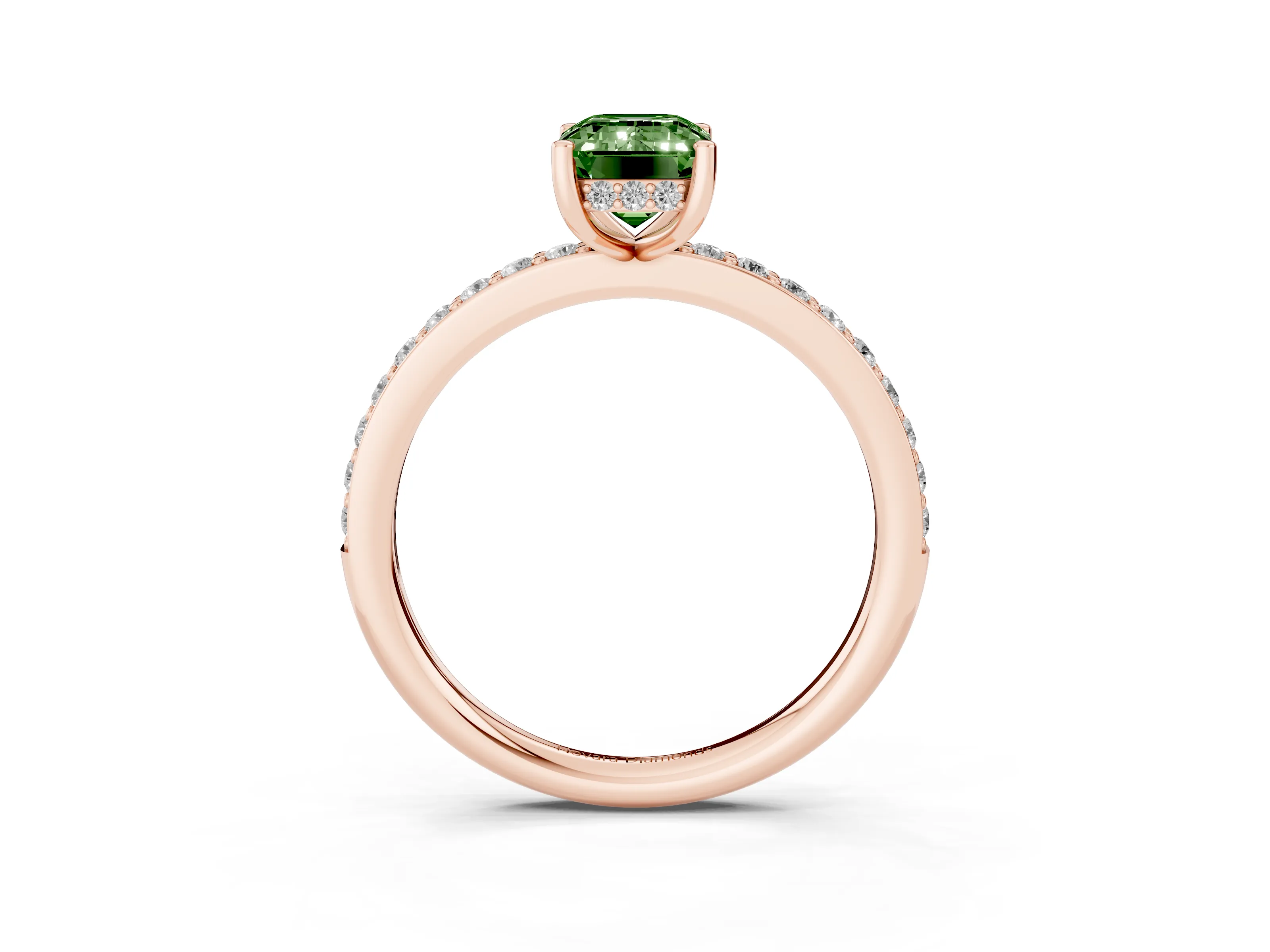 Fancy Green Emerald Cut Diamond Pavé Band Ring Set in Rose gold with Prong-Set Center Stone