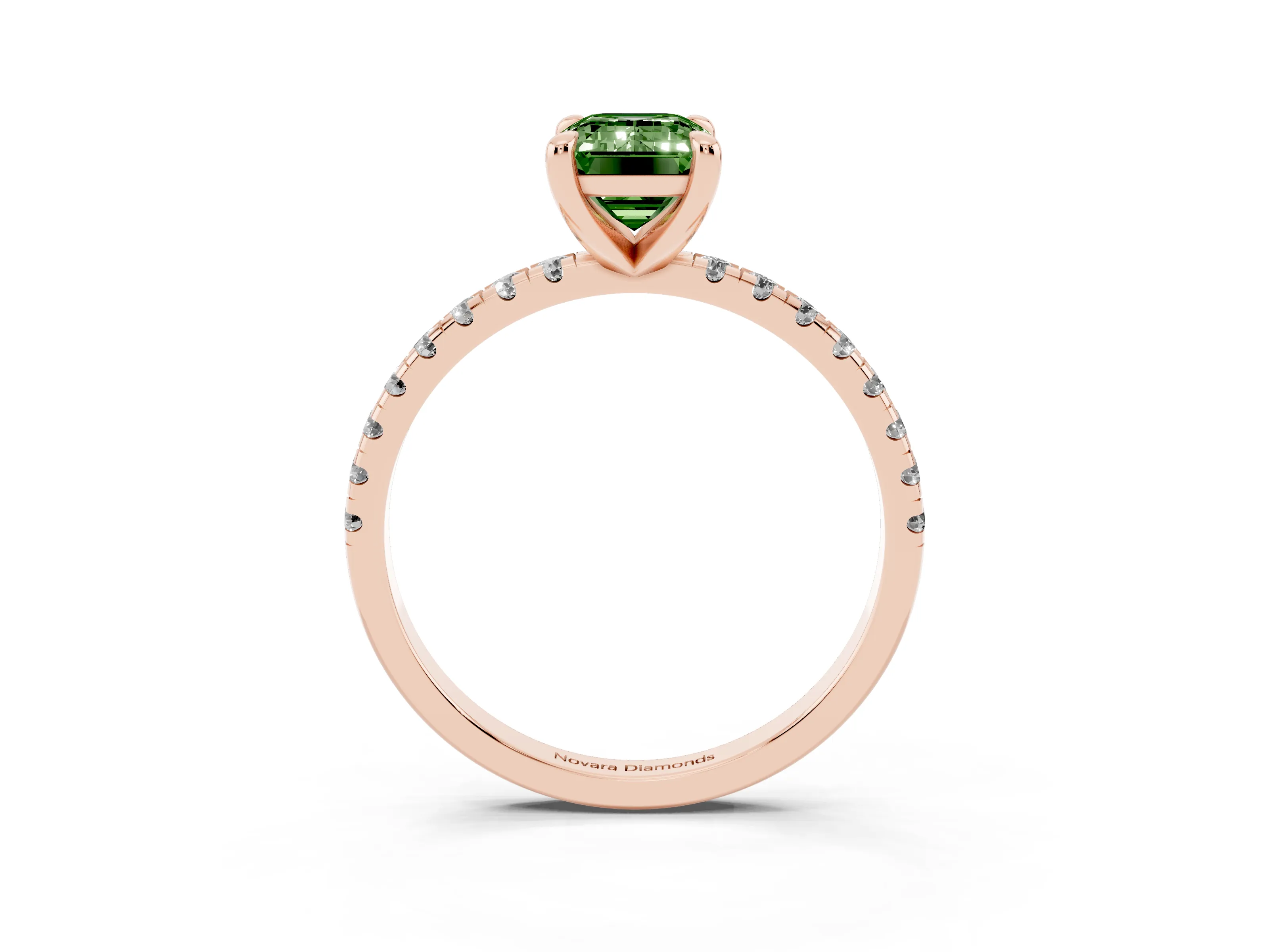 Fancy Green Emerald Cut Diamond Brilliant Solitaire Ring Set in Rose gold with Pavé Band and Prong Setting