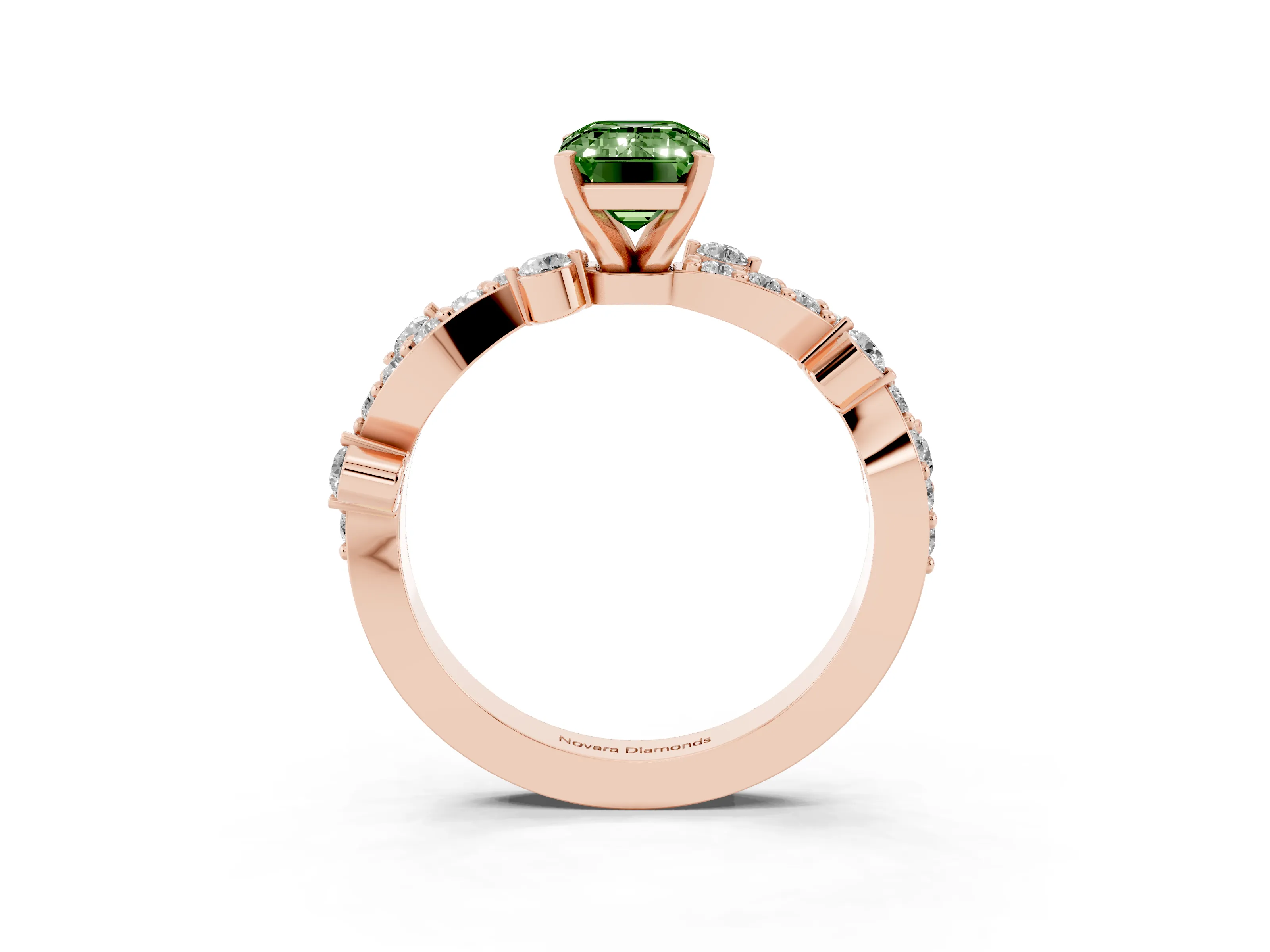 Fancy Green Emerald Cut Diamond Solitaire Twisted Band Set in Rose gold with Pavé Setting