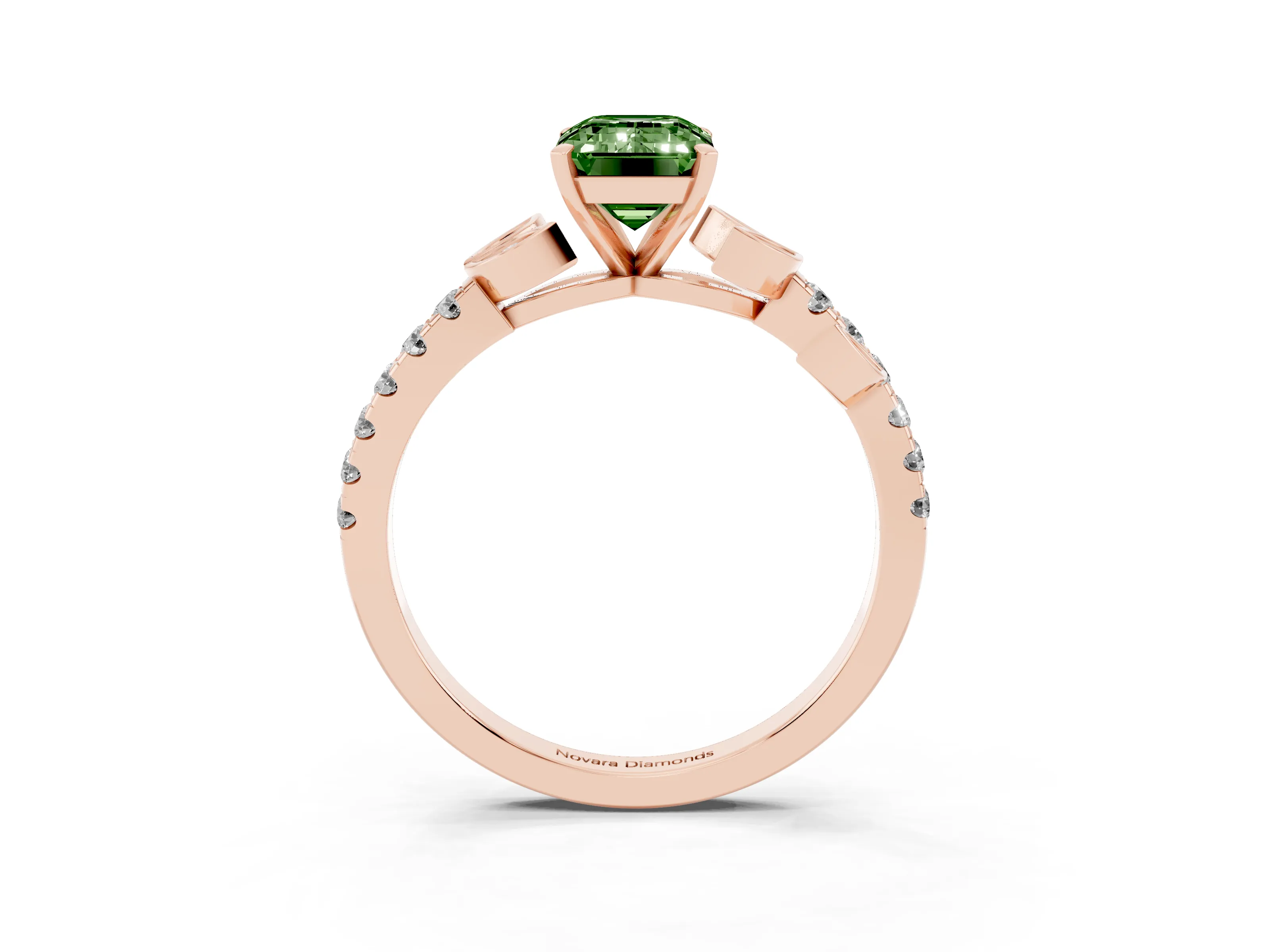 Fancy Green Emerald Cut Diamond Solitaire Leaf-Inspired Ring Set in Rose gold with Pavé Band and Prong Setting