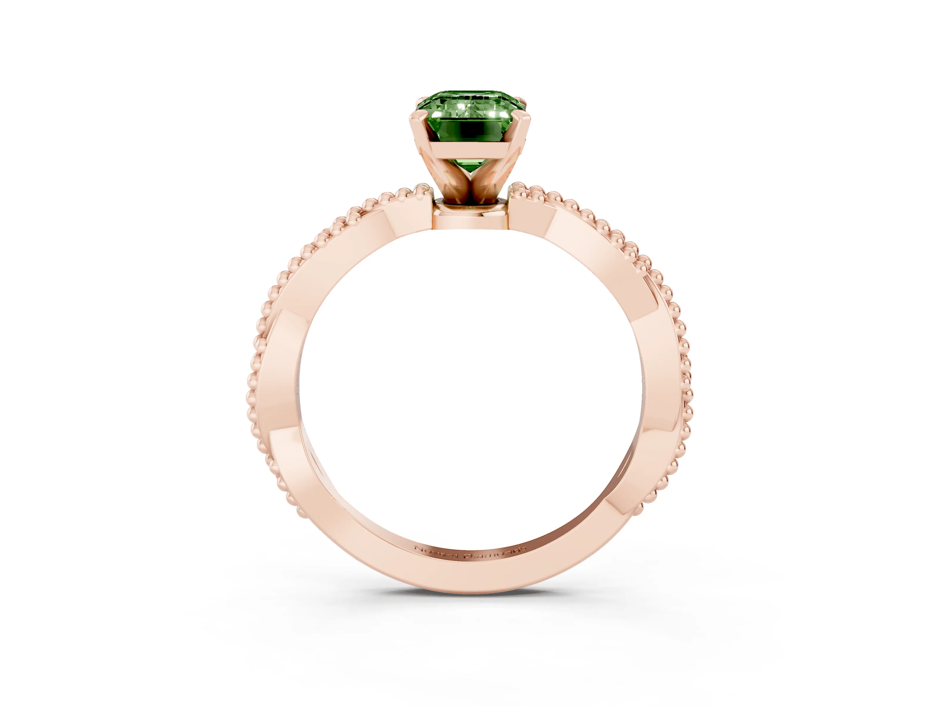 Fancy Green Emerald Cut Diamond Solitaire Ring Set in Rose gold with Twisted Band and Bead Prong Setting