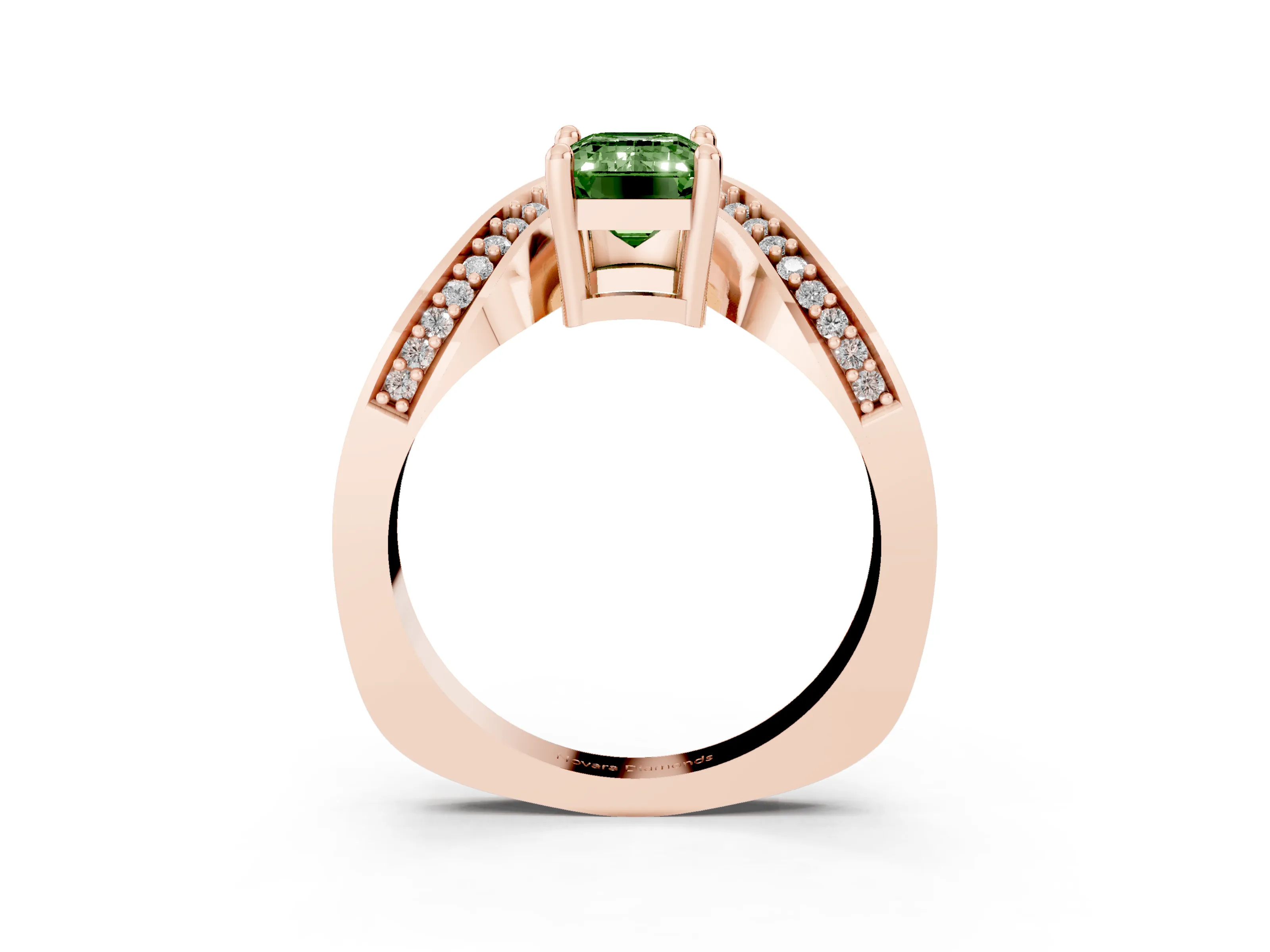 Fancy Green Emerald Cut Diamond Solitaire Engagement Ring Set in Rose gold with Pavé Shoulders
