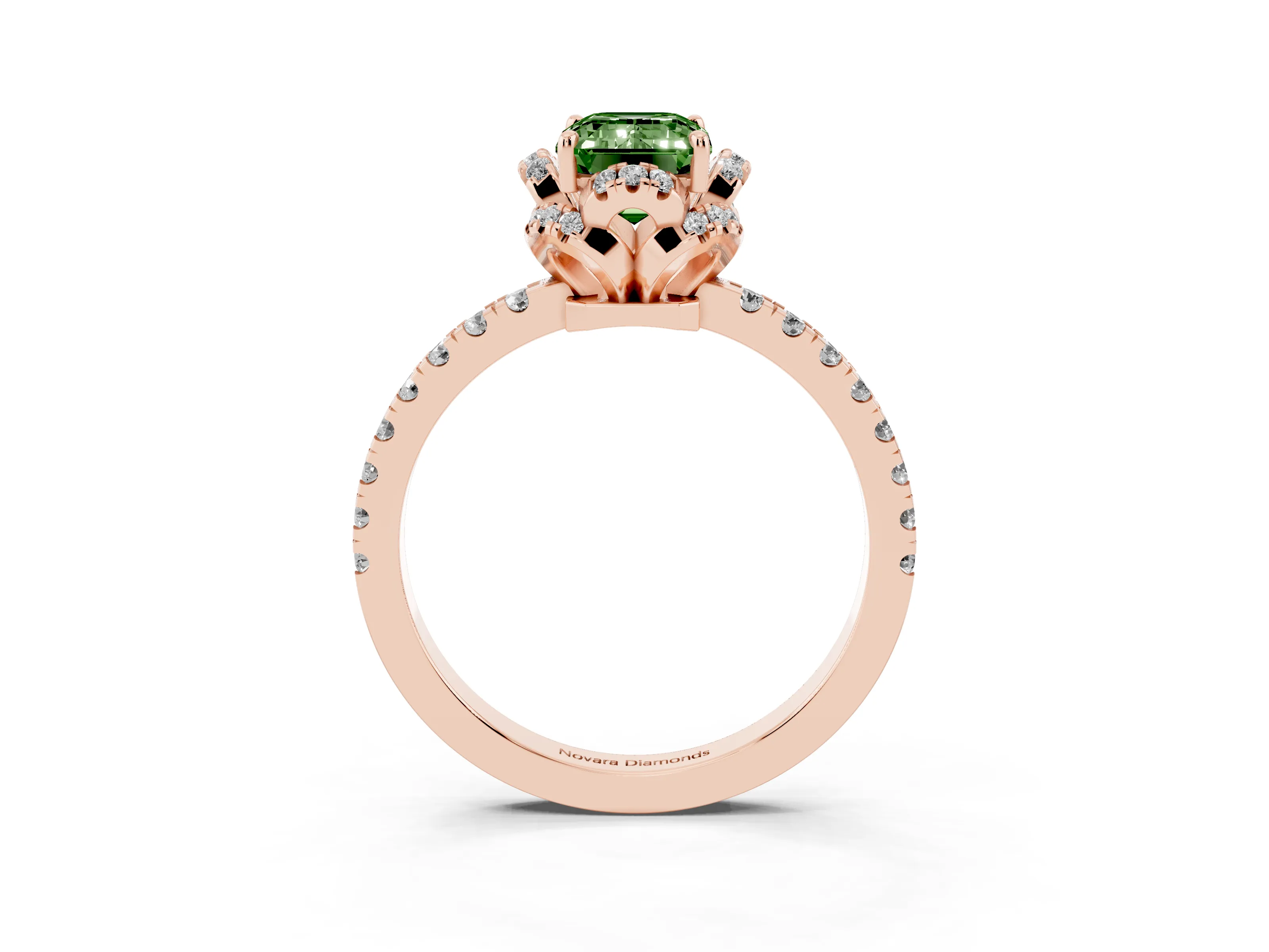 Fancy Green Emerald Cut Diamond Halo Pavé Band Ring Set in Rose gold with Prong-Held Center