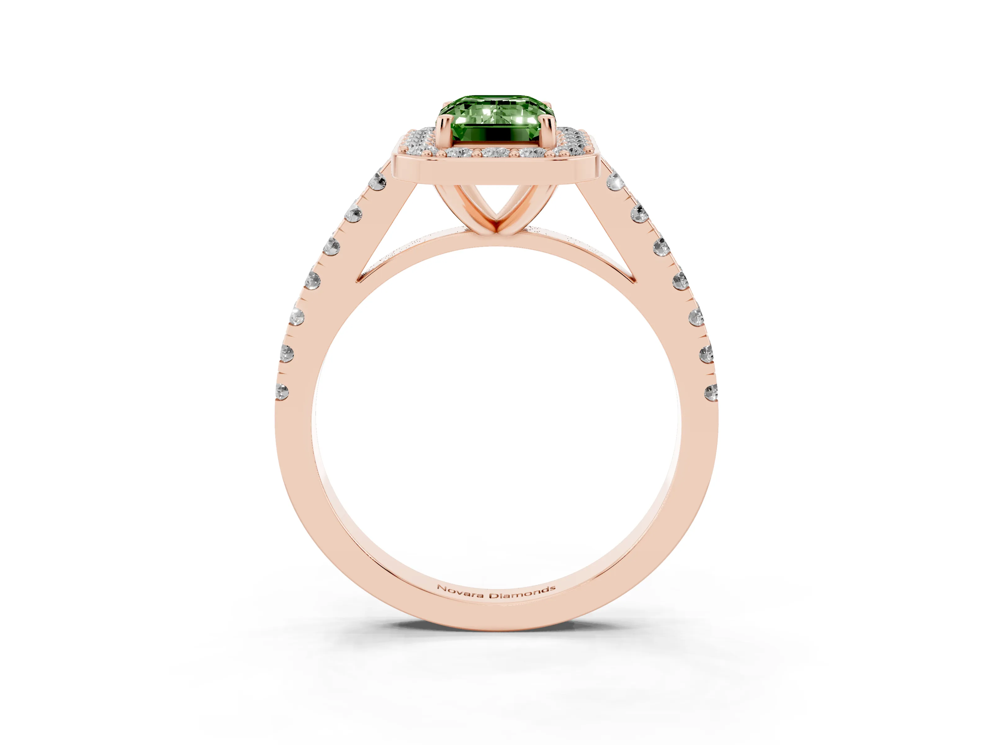 Fancy Green Emerald Cut Diamond Halo Ring Set in Rose gold with Round Pavé Split Shank and Prong Setting