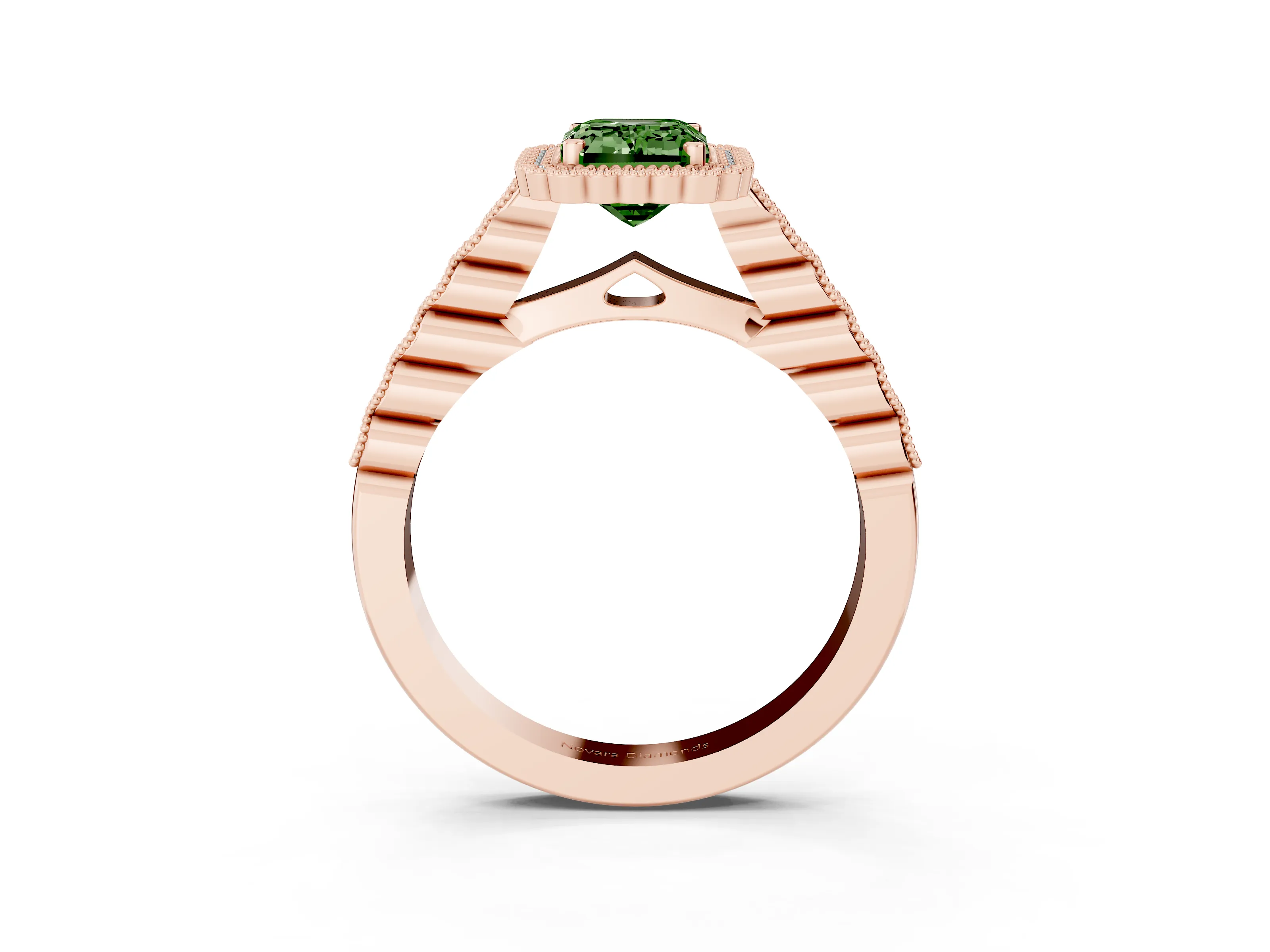 Fancy Green Emerald Cut Diamond Halo Ring Set in Rose gold with Pavé Milgrain Band