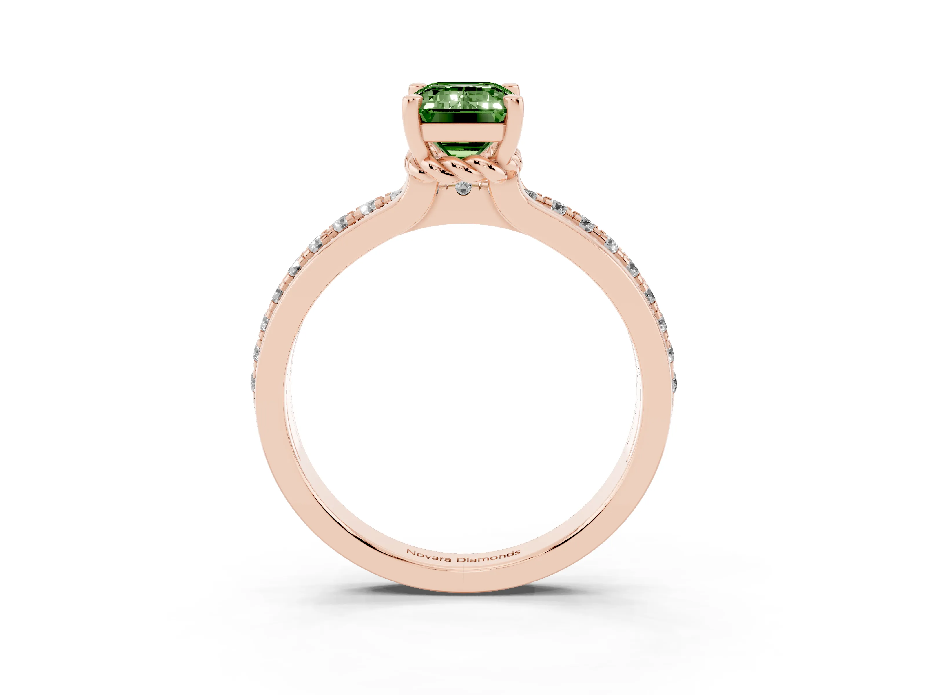 Fancy Green Emerald Cut Diamond Solitaire Ring Set in Rose gold with Channel Set Band and Prong Setting