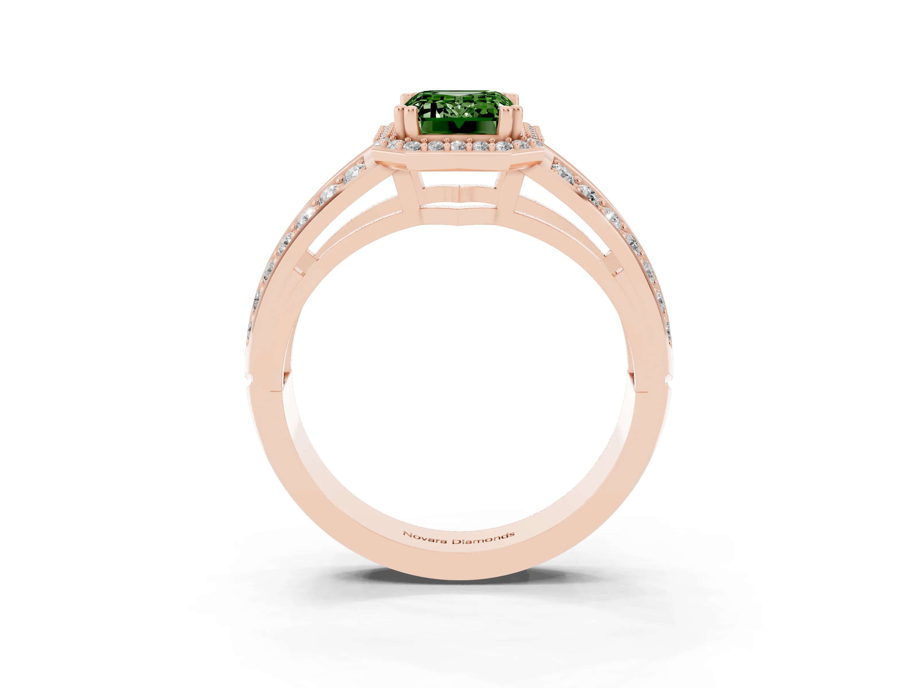 Fancy Green Emerald Cut Diamond Halo Ring Set in Rose gold with Double Pavé Split Shank