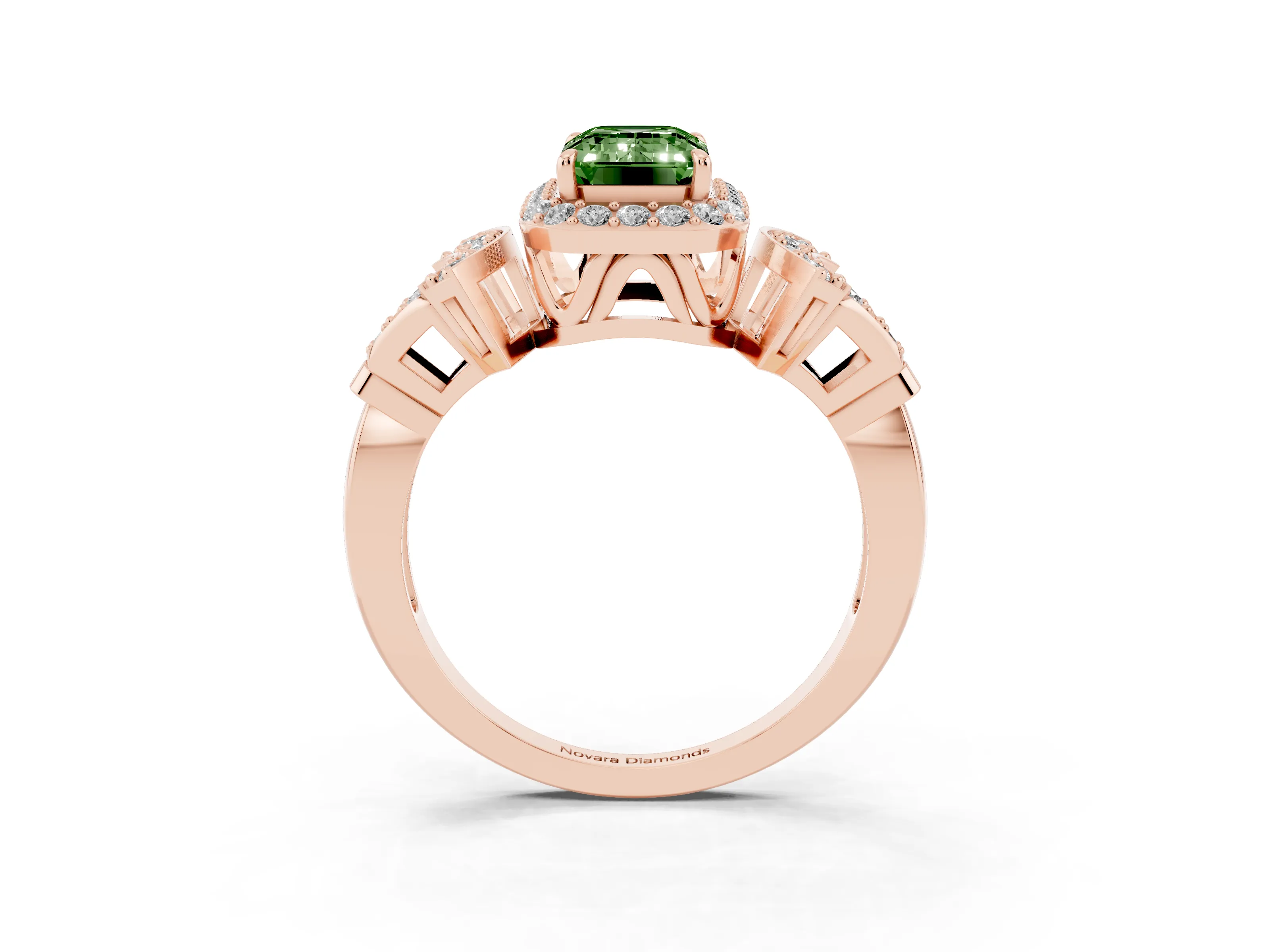 Fancy Green Emerald Cut Diamond Halo Engagement Ring Set in Rose gold with Accent Stone Split Shank
