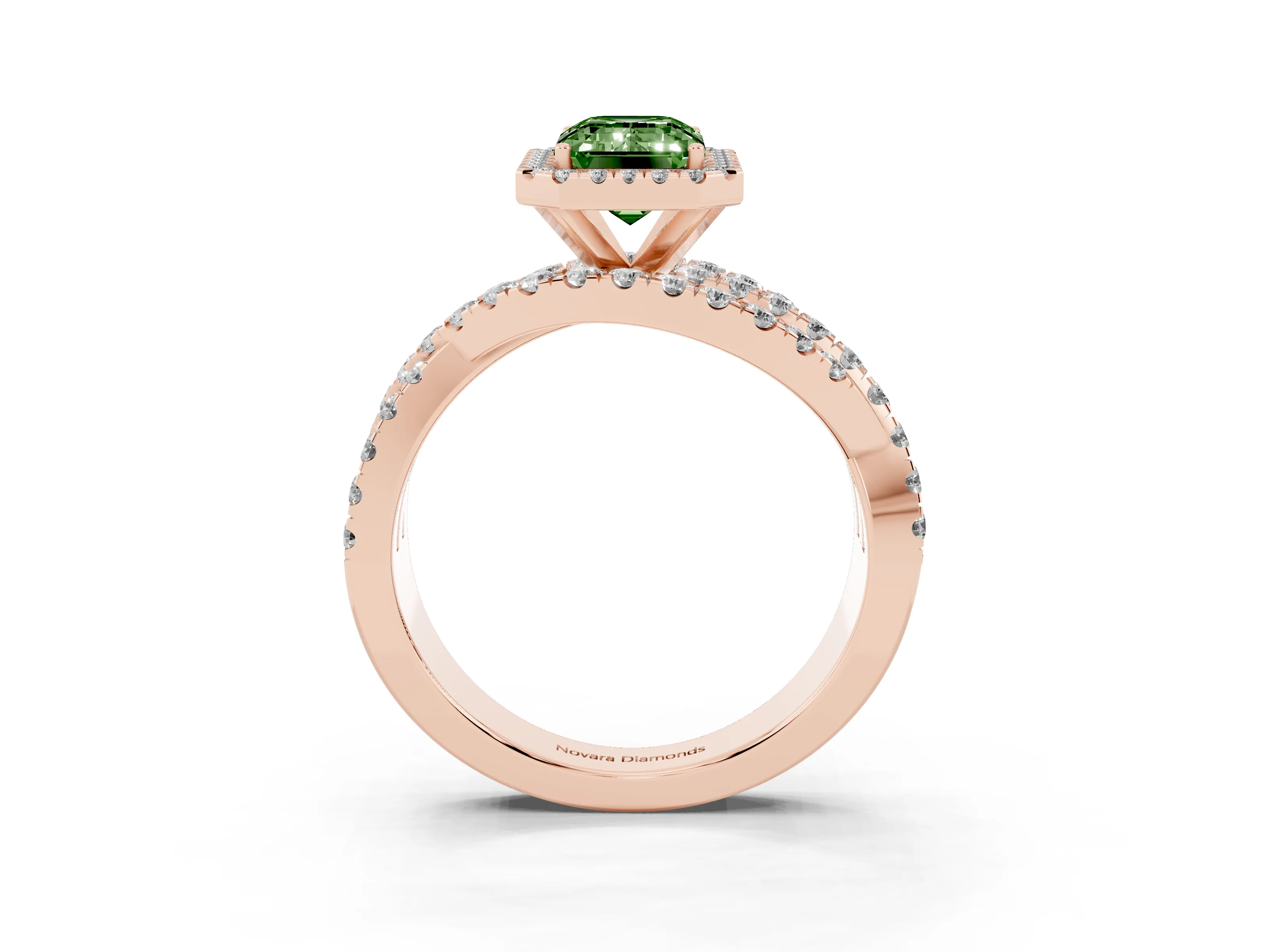 Fancy Green Emerald Cut Diamond Halo Ring Set in Rose gold with Round Crossover Split Shank and Prong Setting