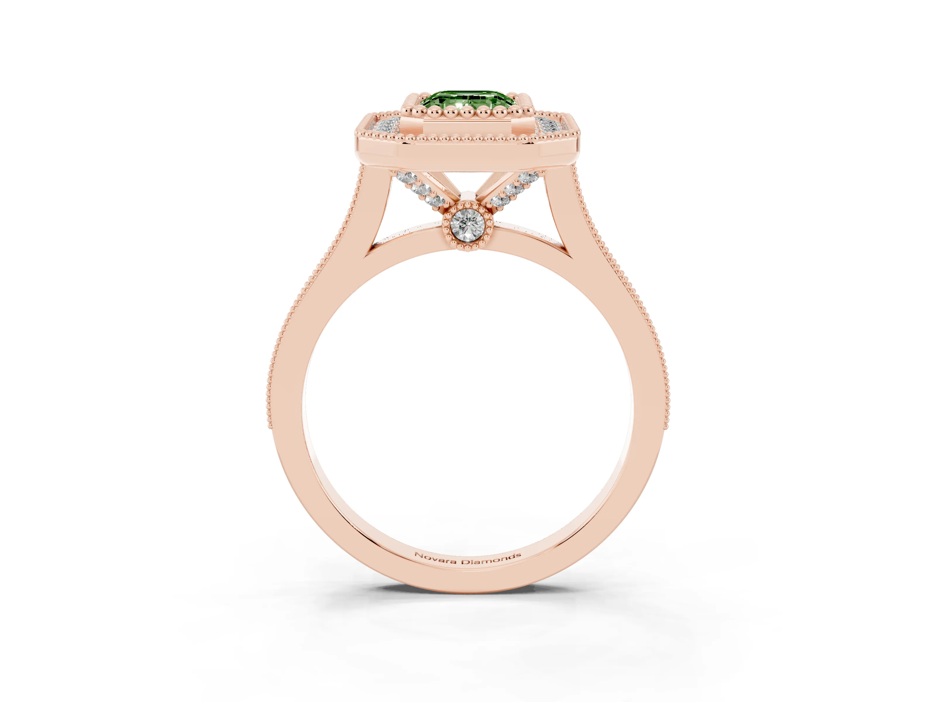 Fancy Green Emerald Cut Diamond Halo Ring Set in Rose gold with Milgrain Frame and Pavé Band