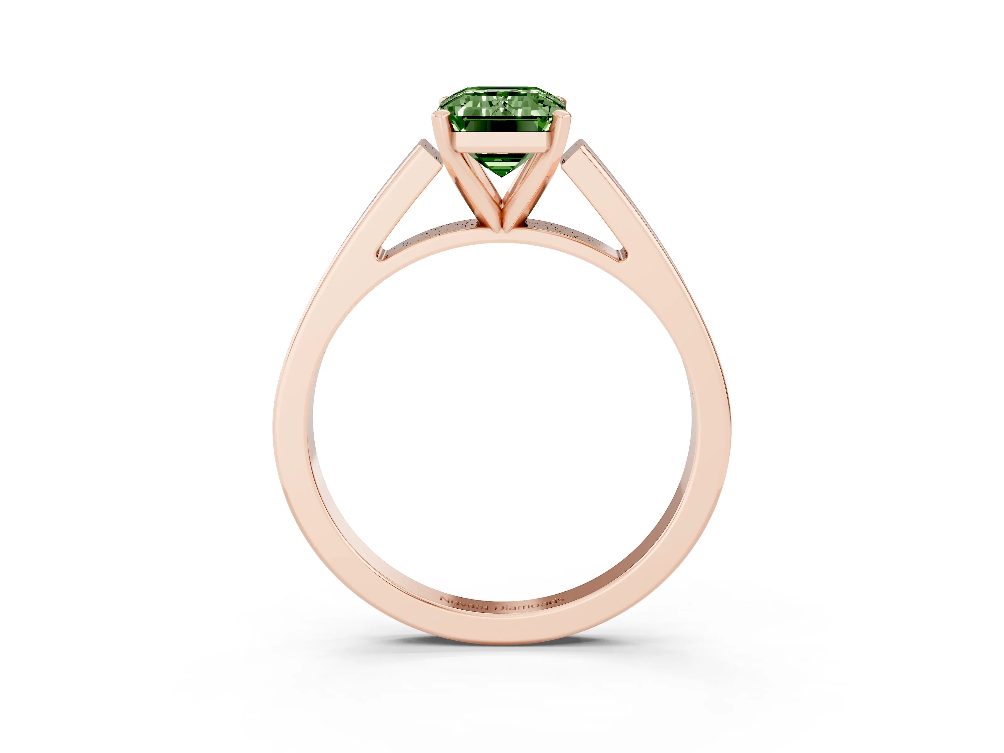 Fancy Green Emerald Cut Diamond Solitaire Engagement Ring Set in Rose gold with Prong Setting and Tapered Band