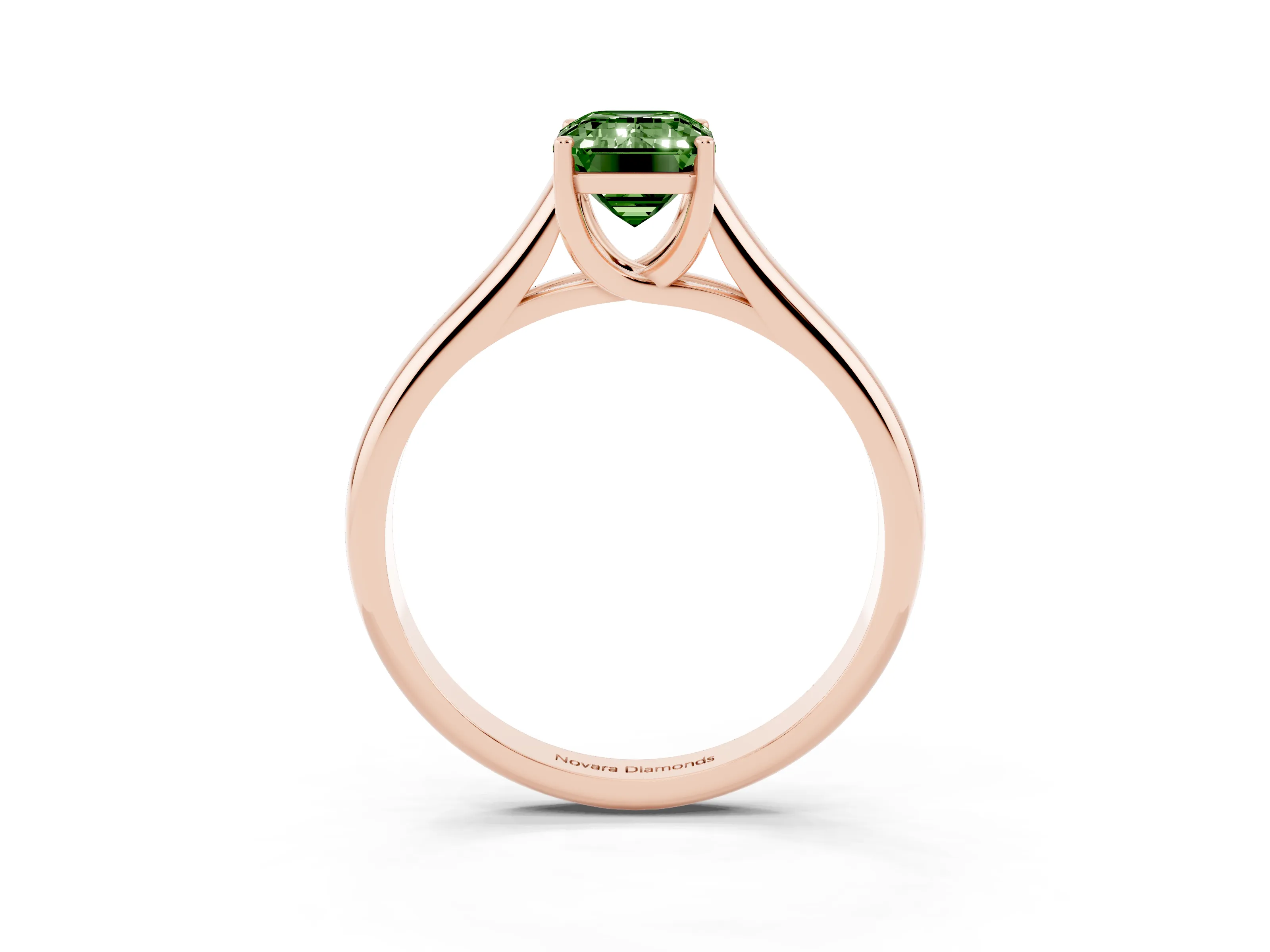 Fancy Green Emerald Cut Diamond Solitaire Engagement Ring Set in Rose gold with Subtly Tapered Band and Prong Setting