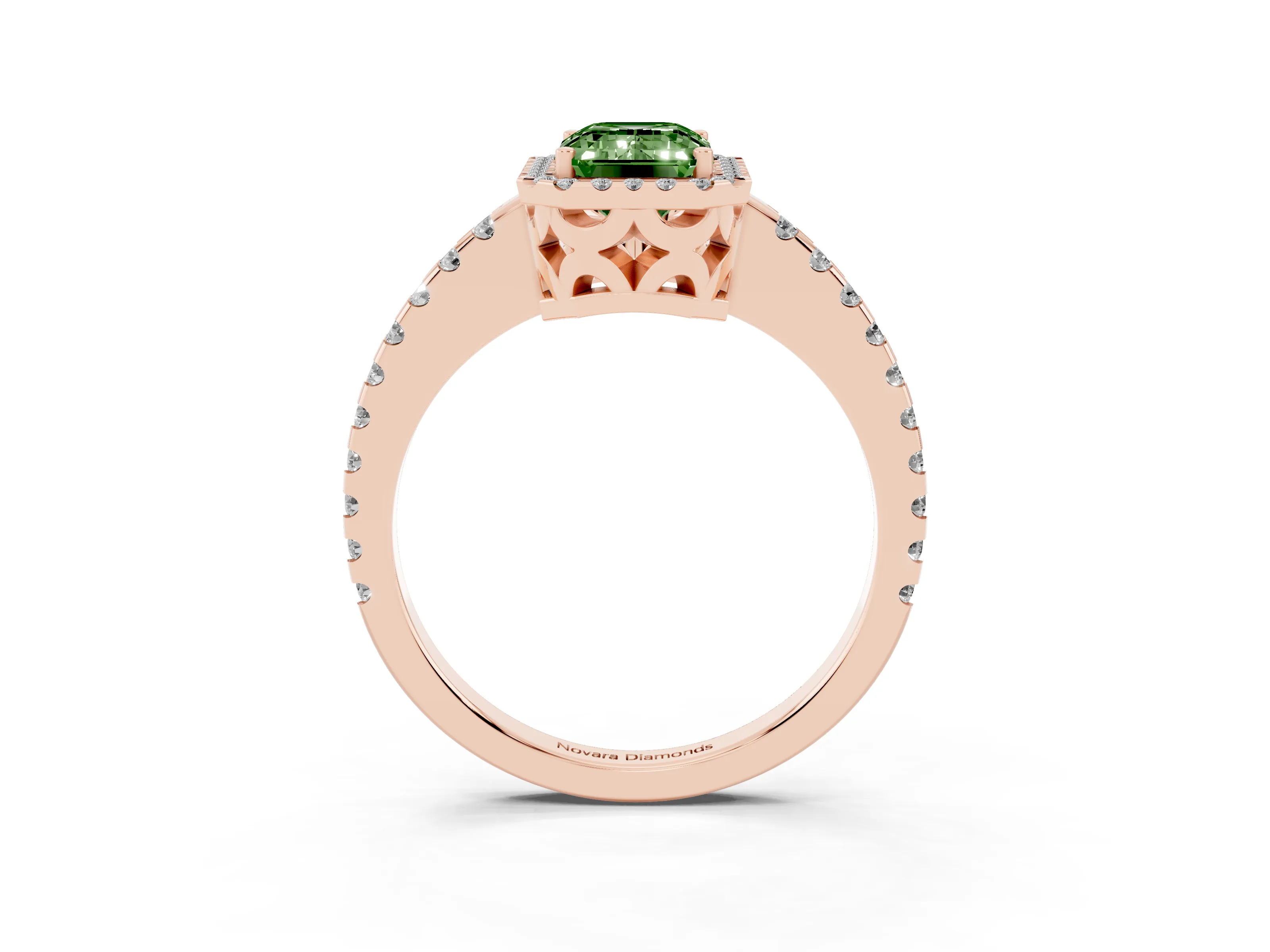 Fancy Green Emerald Cut Diamond Halo Ring Set in Rose gold with Pavé Shoulders and Halo-Framed Center
