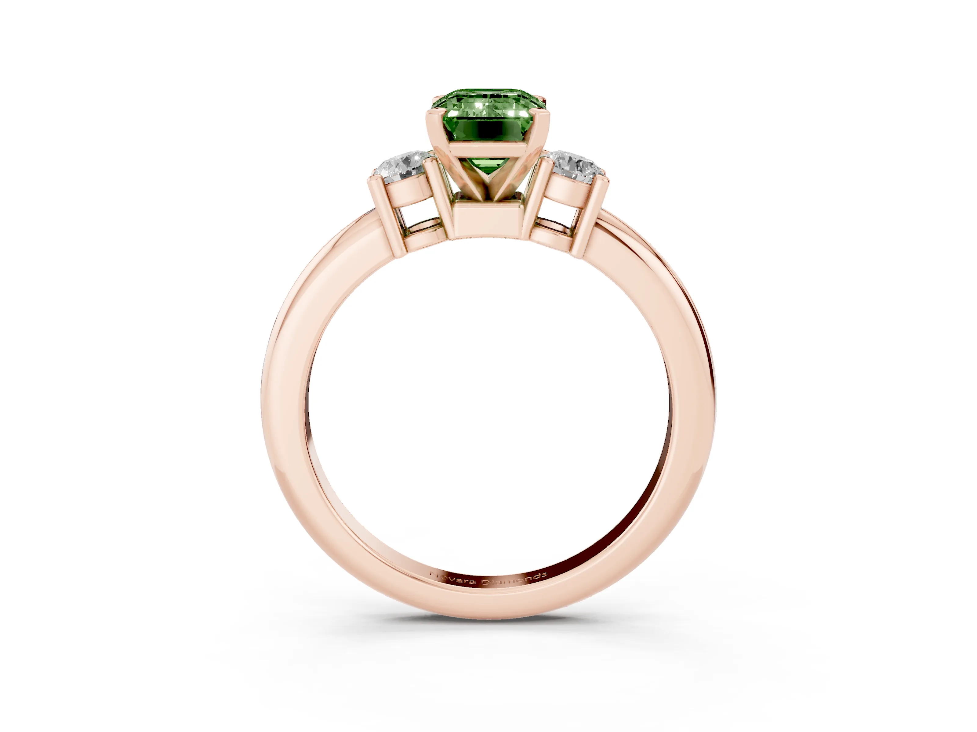 Fancy Green Three-Stone Emerald Cut Diamond Ring Set in Rose gold with Prong Setting and Plain Band