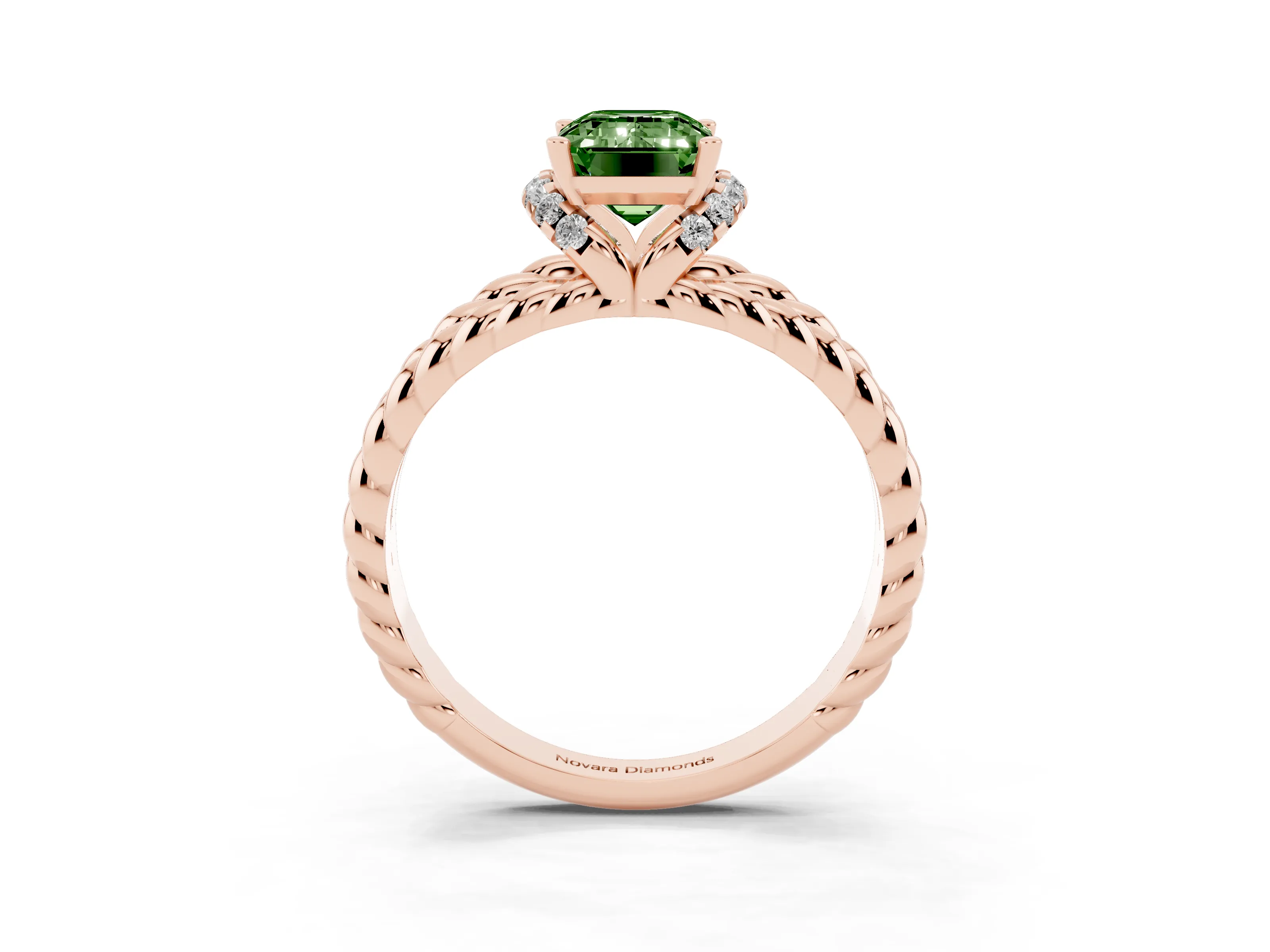 Fancy Green Emerald Cut Diamond Halo Ring Set in Rose gold with Twisted Band and Prong Setting