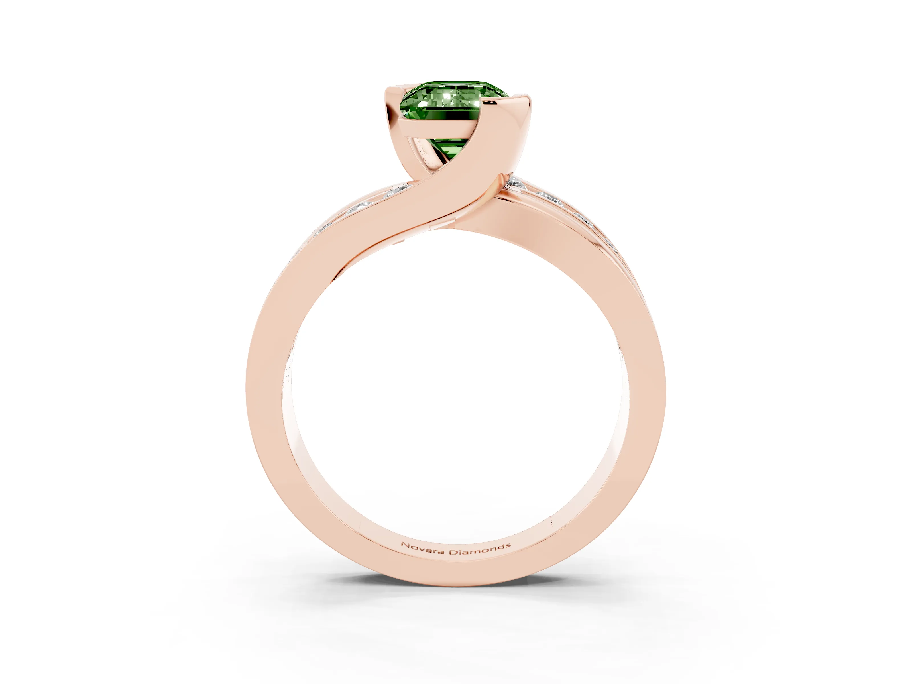 Fancy Green Emerald Cut Diamond Solitaire Ring Set in Rose gold with Channel Set Split Shank and Tension Prongs