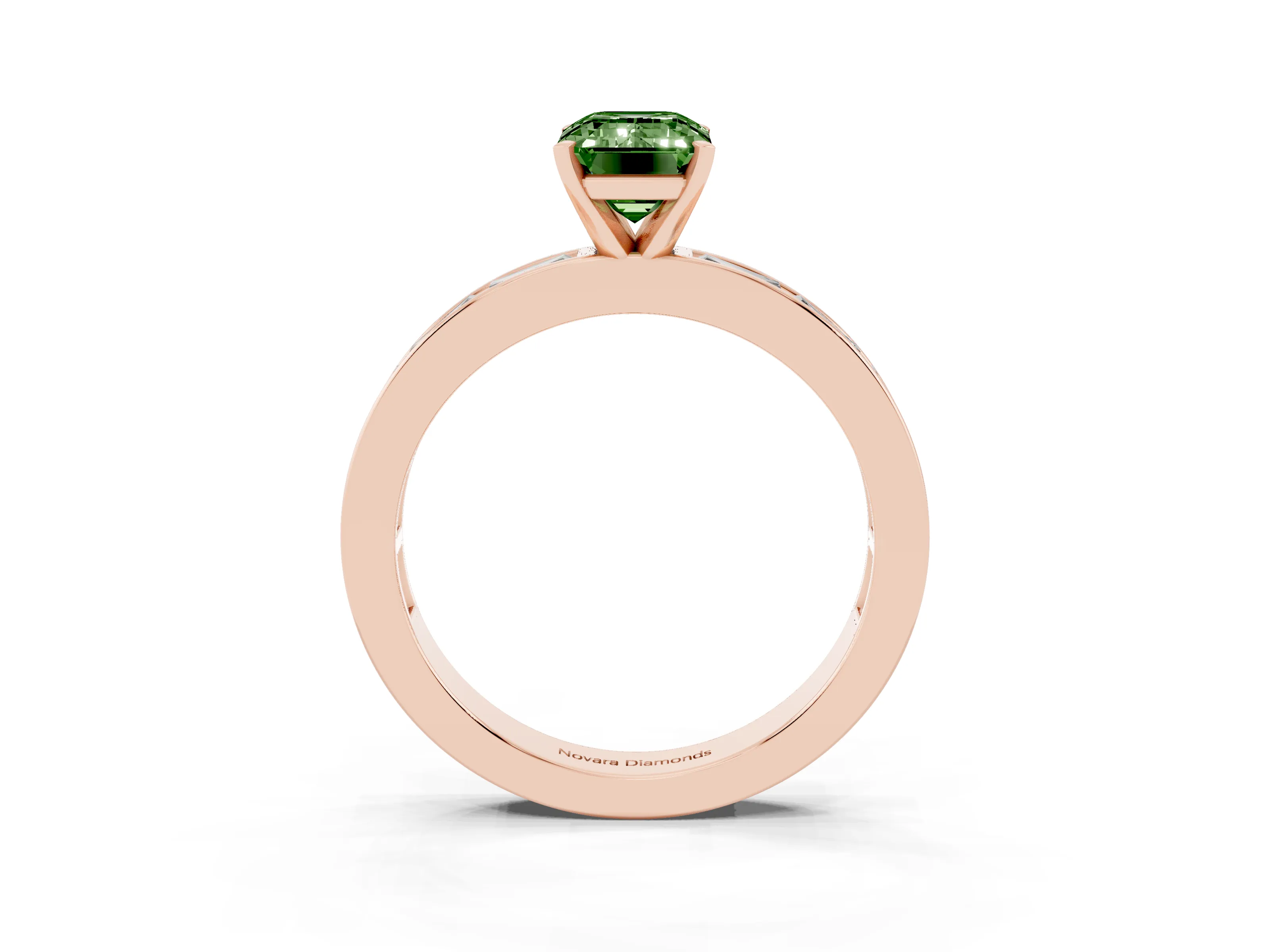 Fancy Green Emerald Cut Diamond Solitaire Ring Set in Rose gold with Channel-Set Baguette Band and Prong Setting