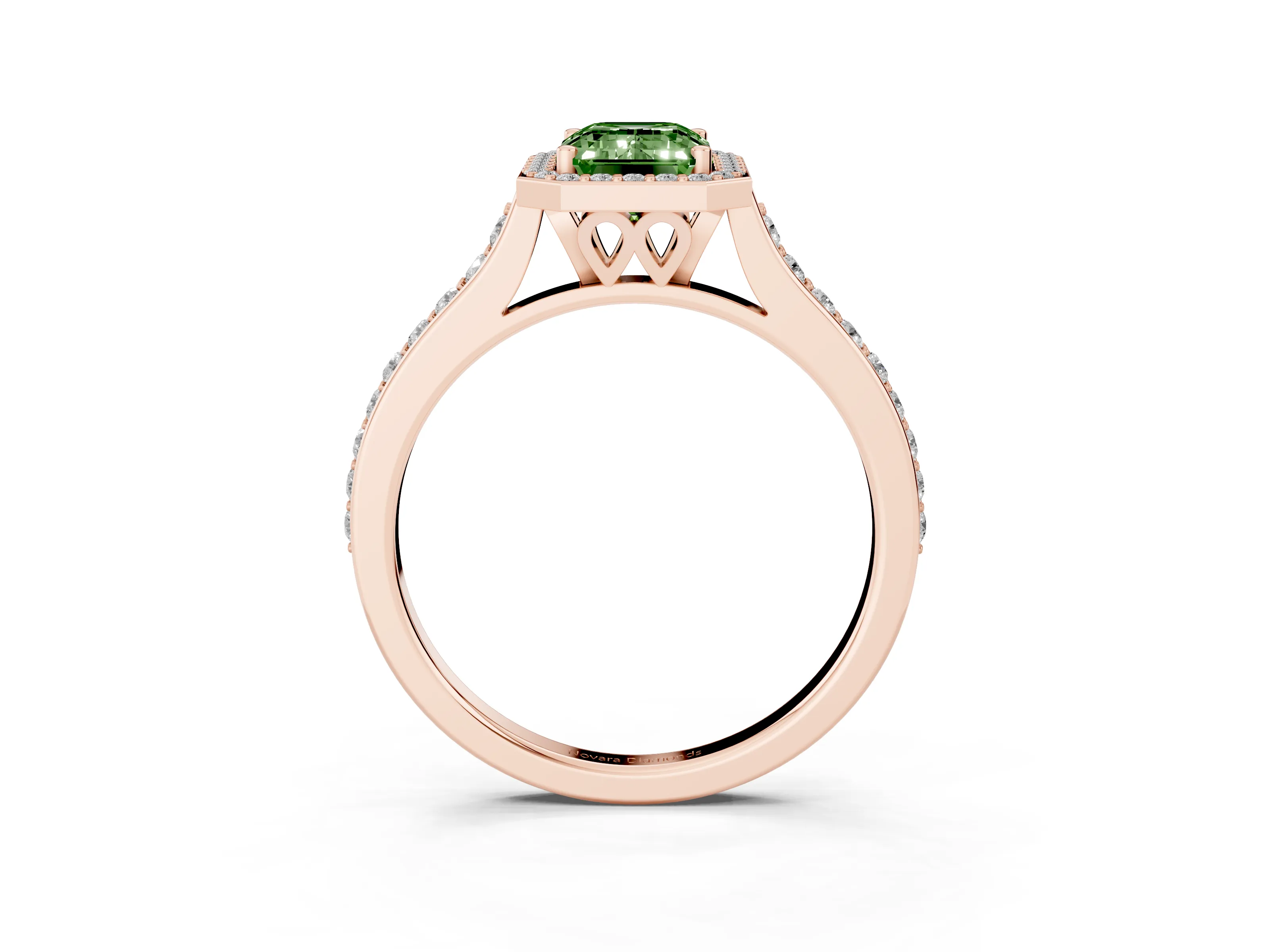 Fancy Green Emerald Cut Diamond Halo Engagement Ring Set in Rose gold with Round Pavé Shoulders and Heart Gallery