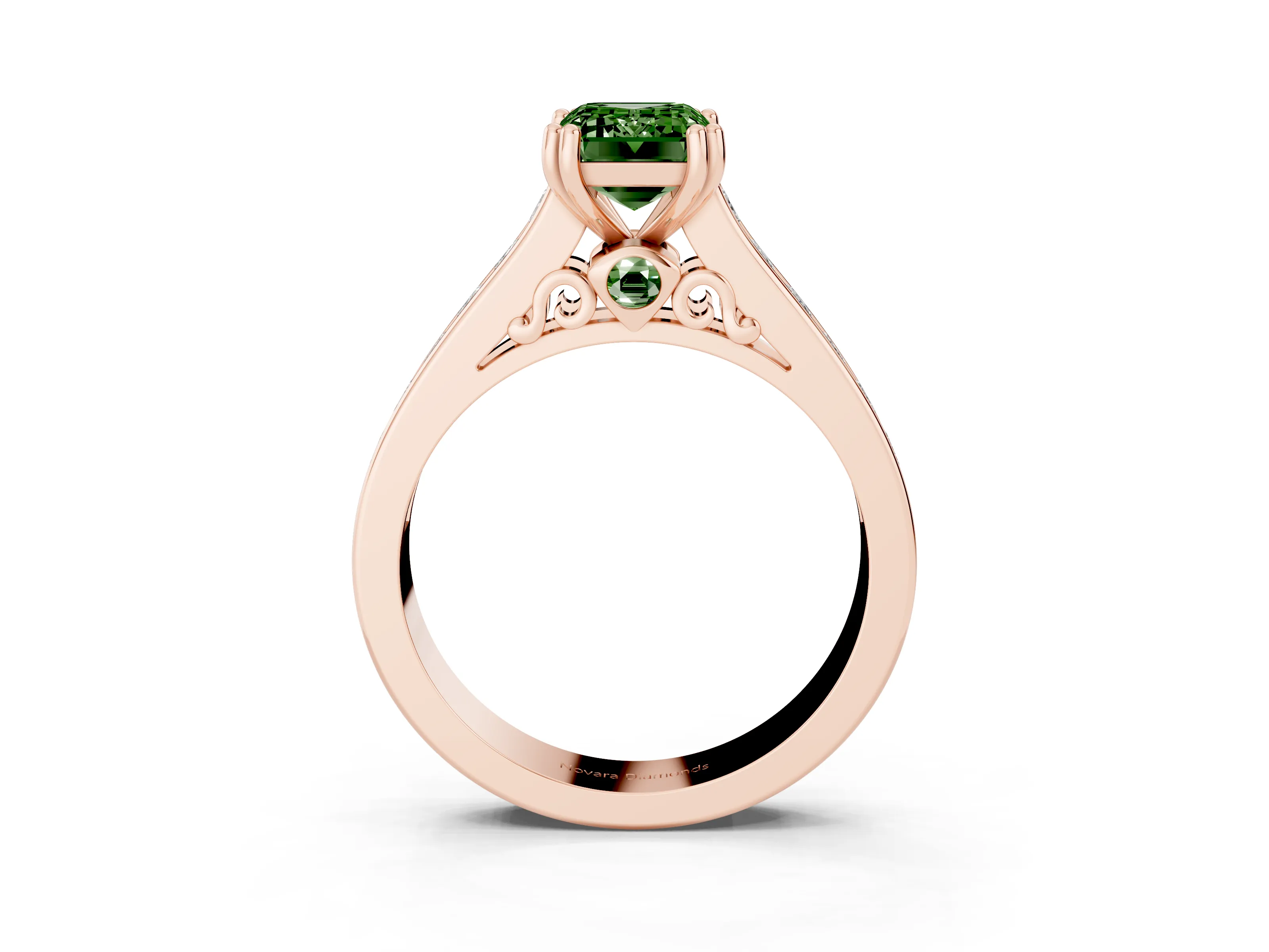 Fancy Green Emerald Cut Diamond Channel Set Solitaire Engagement Ring Set in Rose gold with Prong Setting