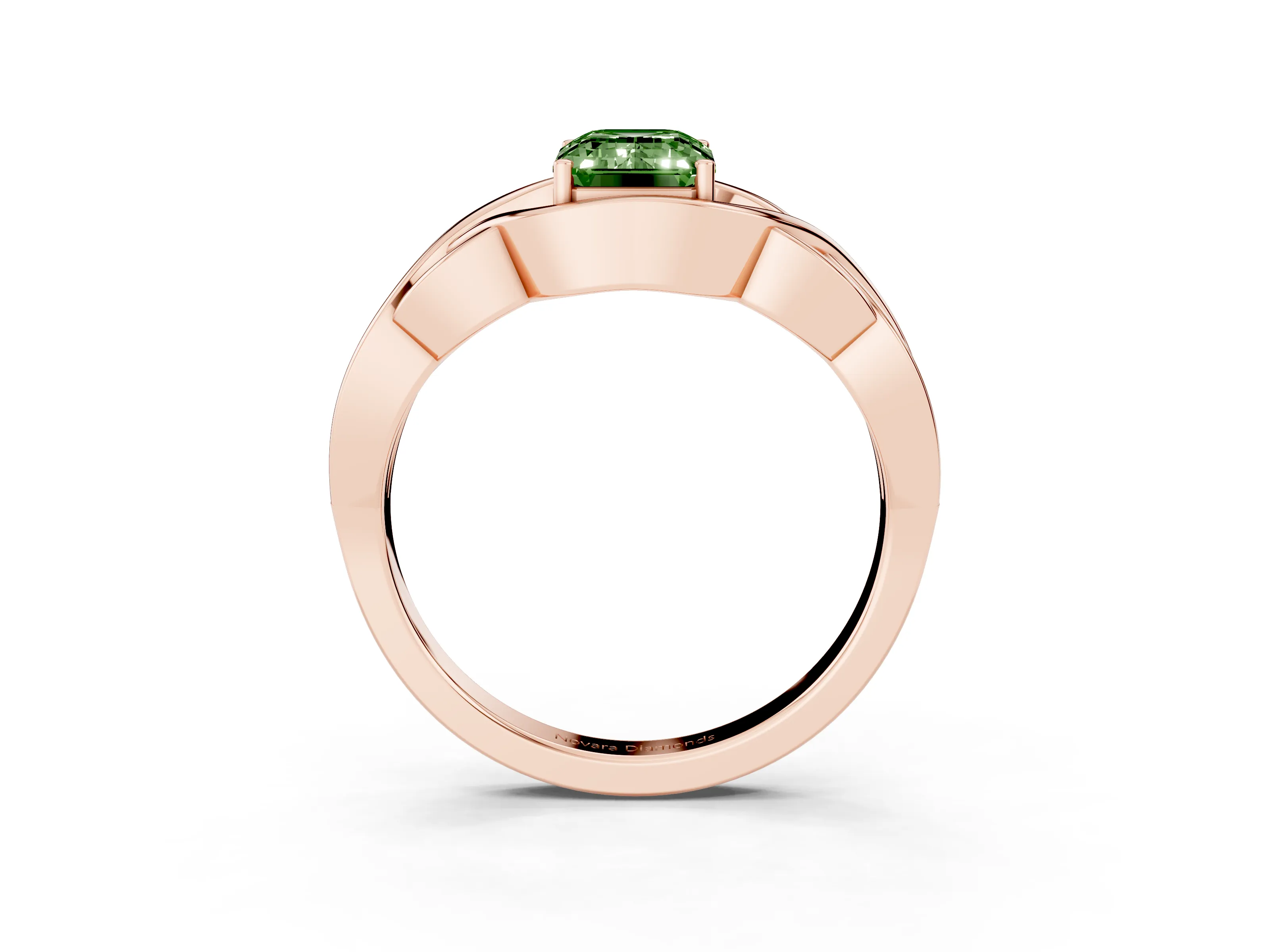 Fancy Green Emerald Cut Diamond Solitaire Ring Set in Rose gold with Intertwined Band