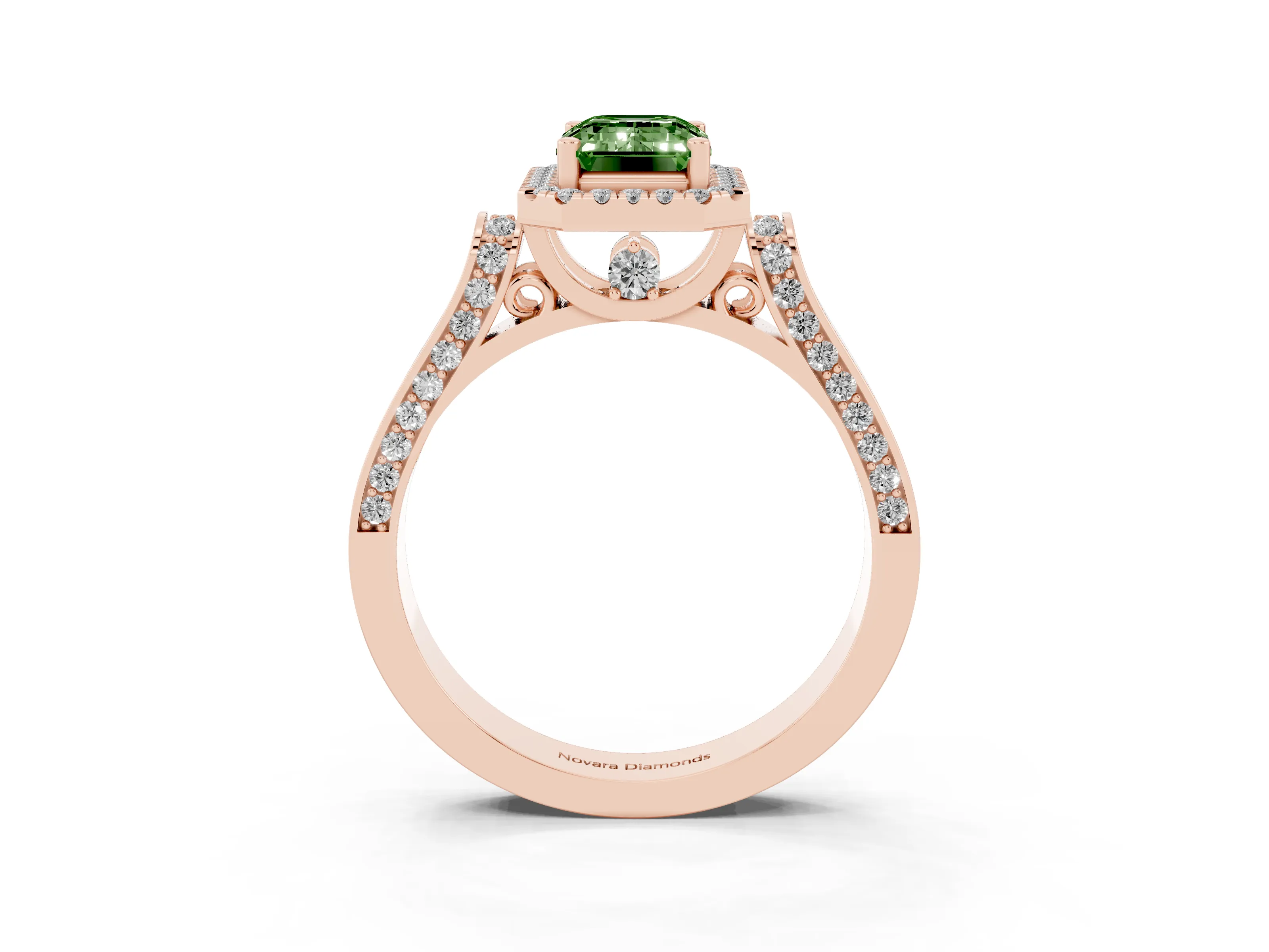 Fancy Green Emerald Cut Diamond Halo Ring Set in Rose gold with Pavé-Lined Split Shank Band