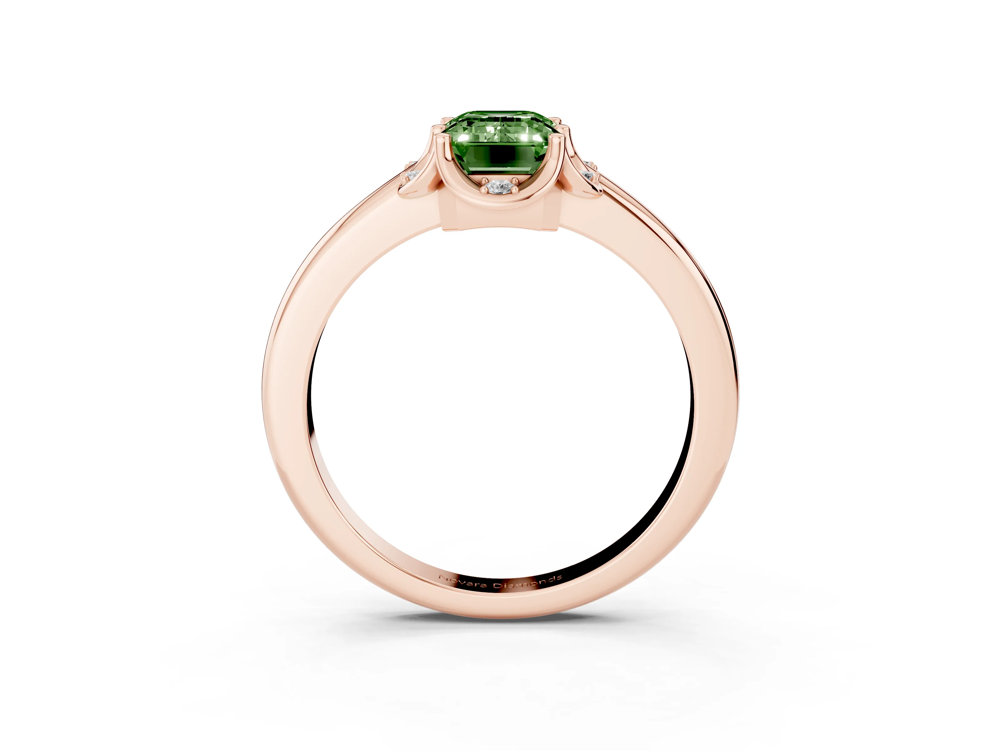 Fancy Green Emerald Cut Diamond Round Cluster Halo Ring Set in Rose gold with Solitaire Band and Prong Setting