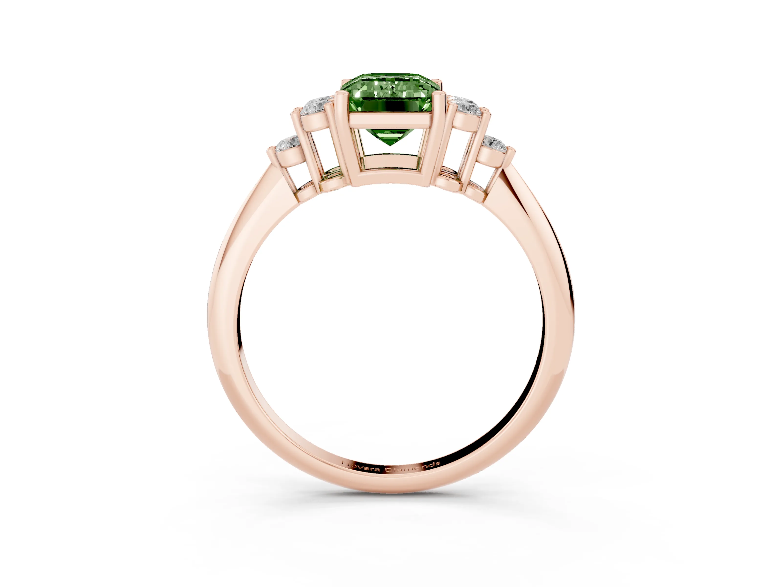 Fancy Green Emerald Cut Diamond Cluster Ring Set in Rose gold with Plain Band and Prong Setting