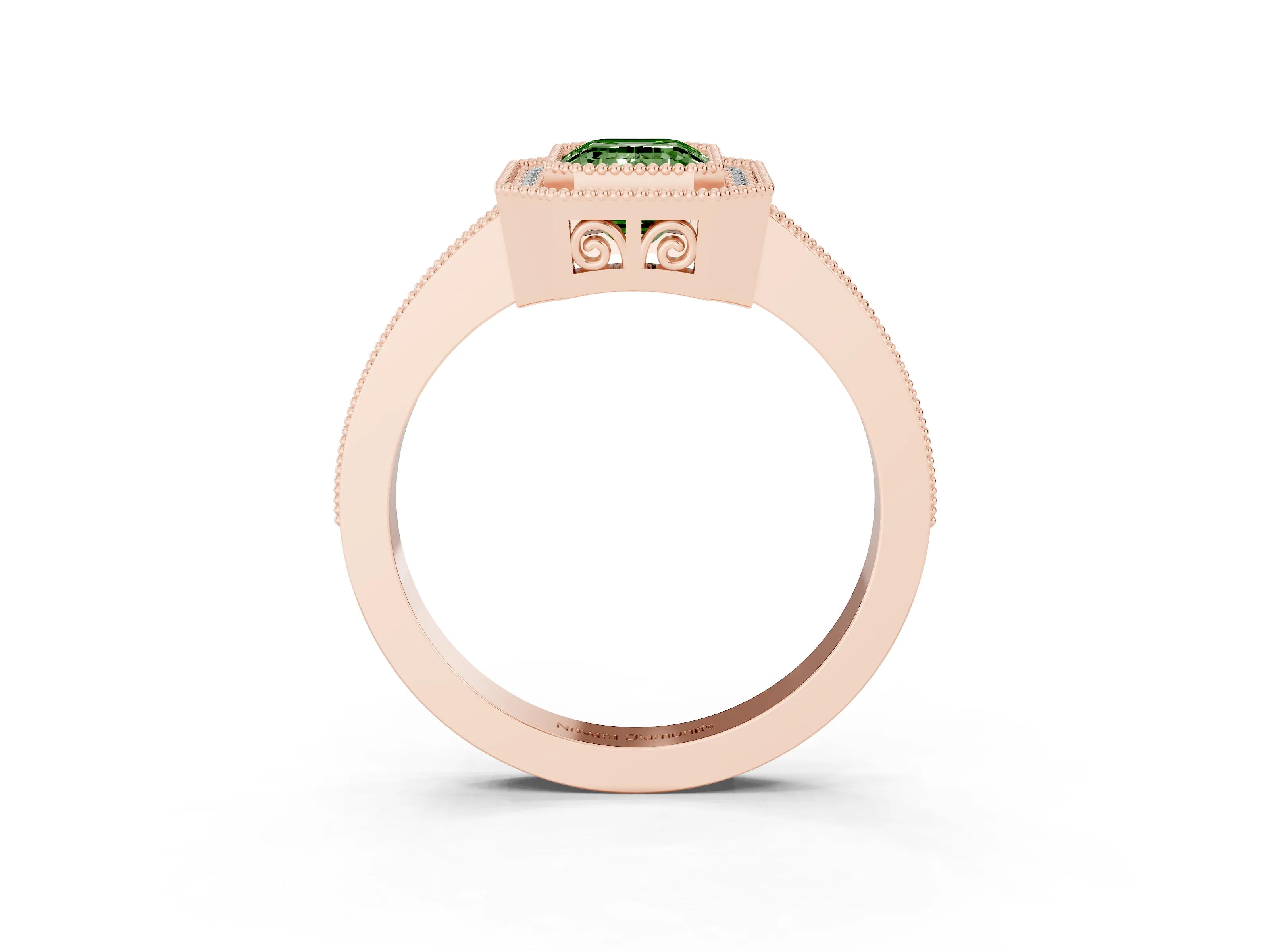 Fancy Green Emerald Cut Diamond Round Halo Ring Set in Rose gold with Pavé Band