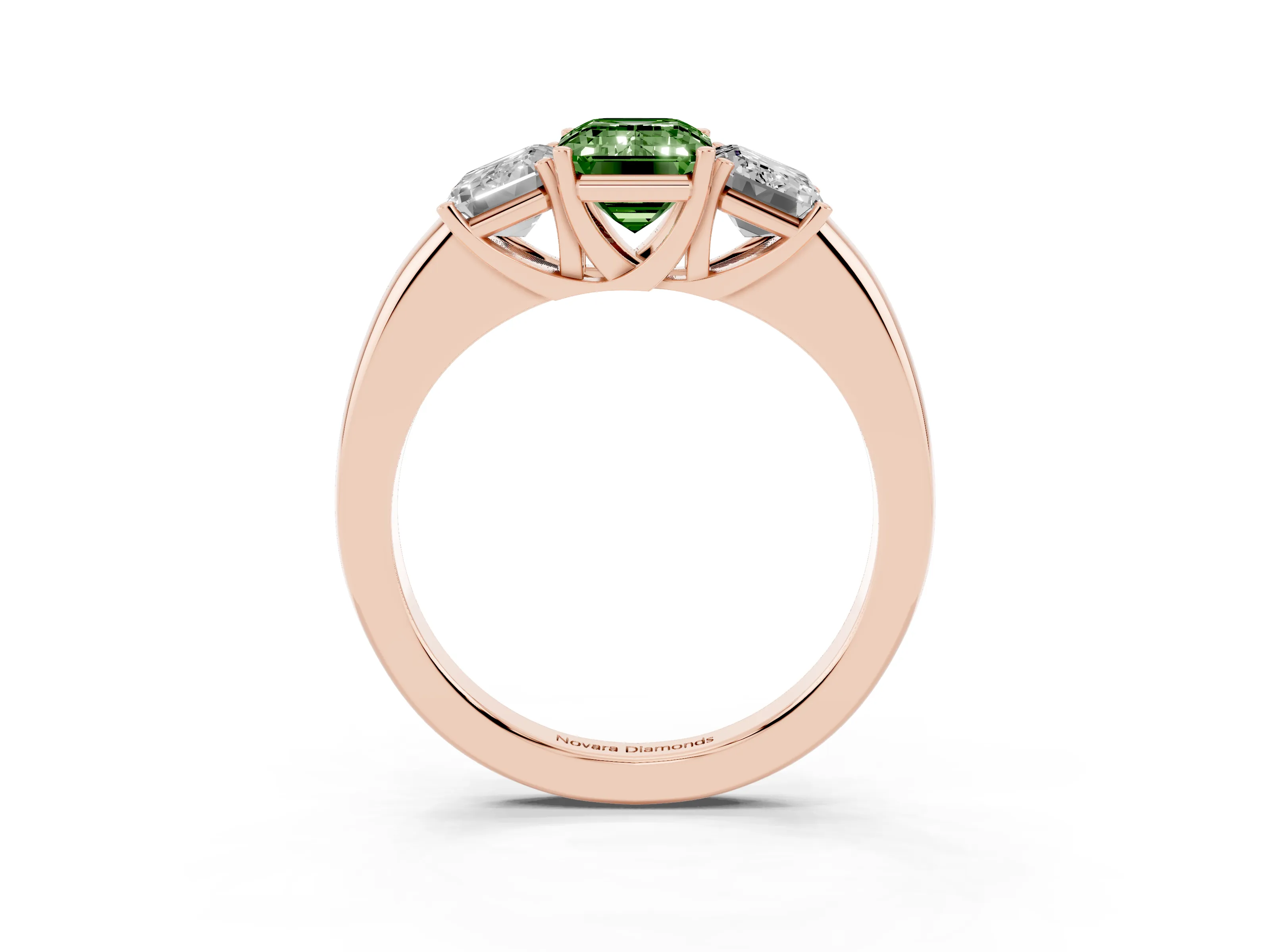 Fancy Green Emerald Cut Diamond Three-Stone Ring Set in Rose gold with Bold Center and Classic Band