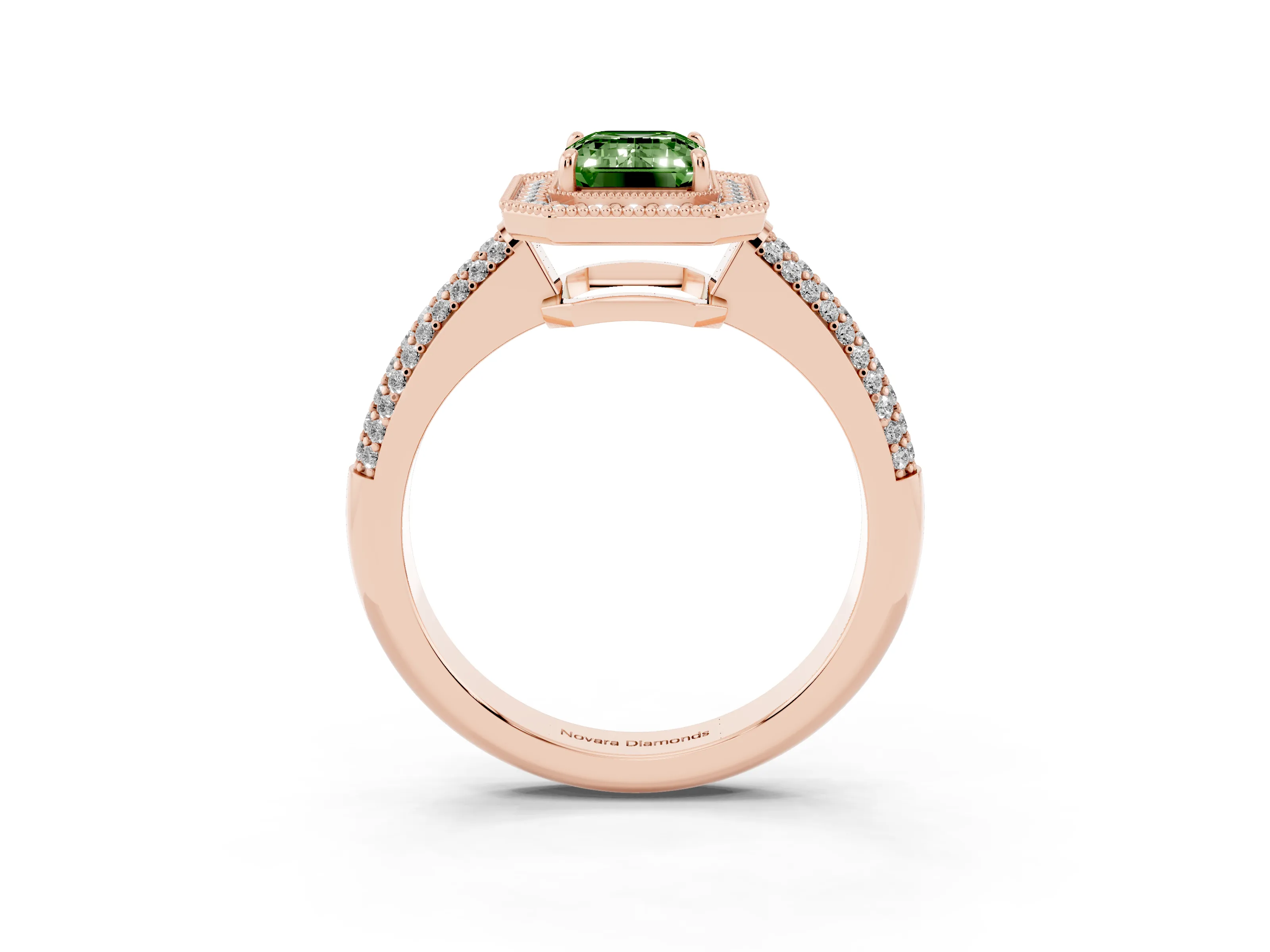 Fancy Green Emerald Cut Diamond Halo Pavé Band Set in Rose gold with Prong Setting