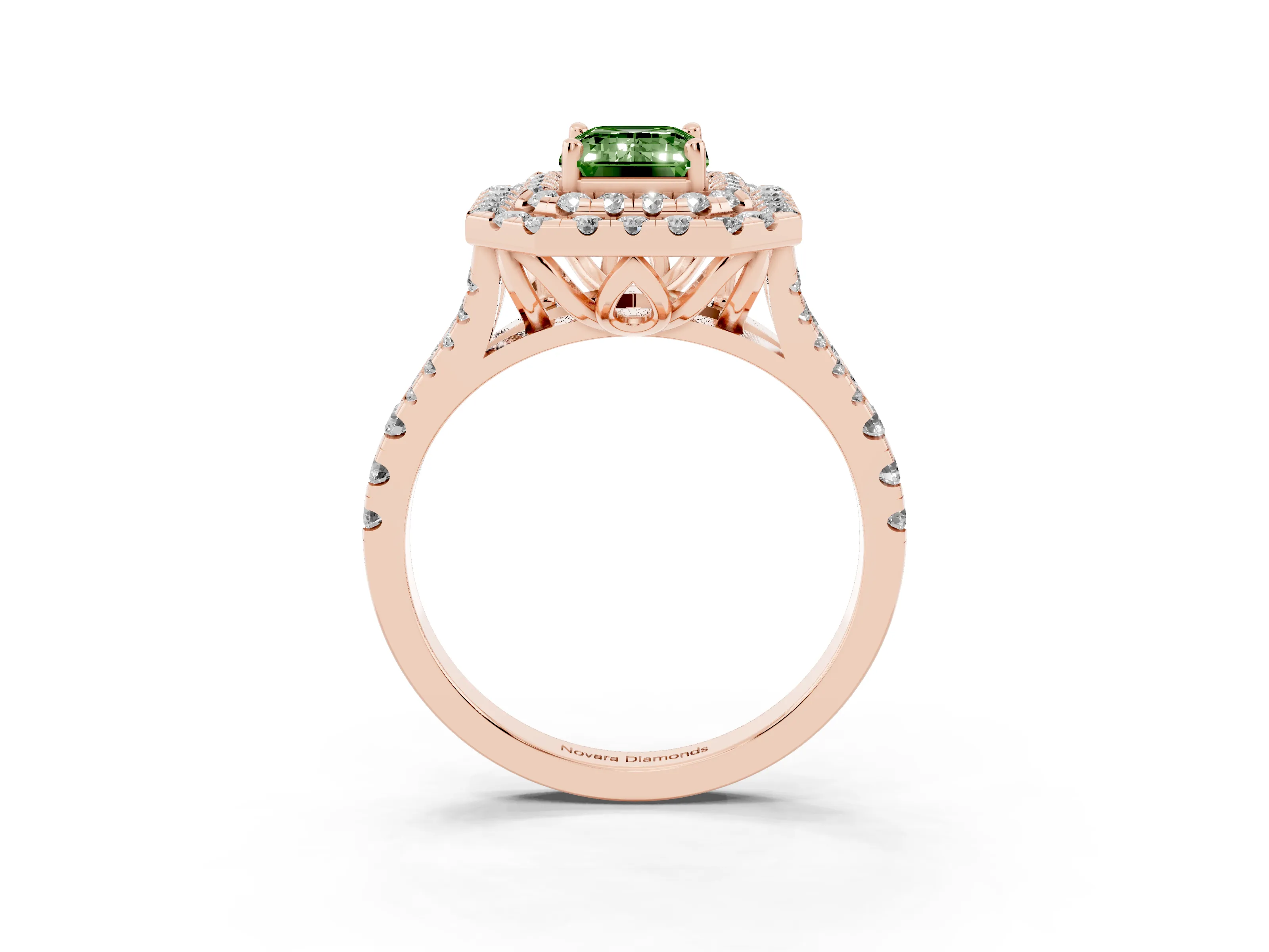 Fancy Green Emerald Cut Diamond Double Halo Ring Set in Rose gold with Pavé Split Shank and Prong Setting