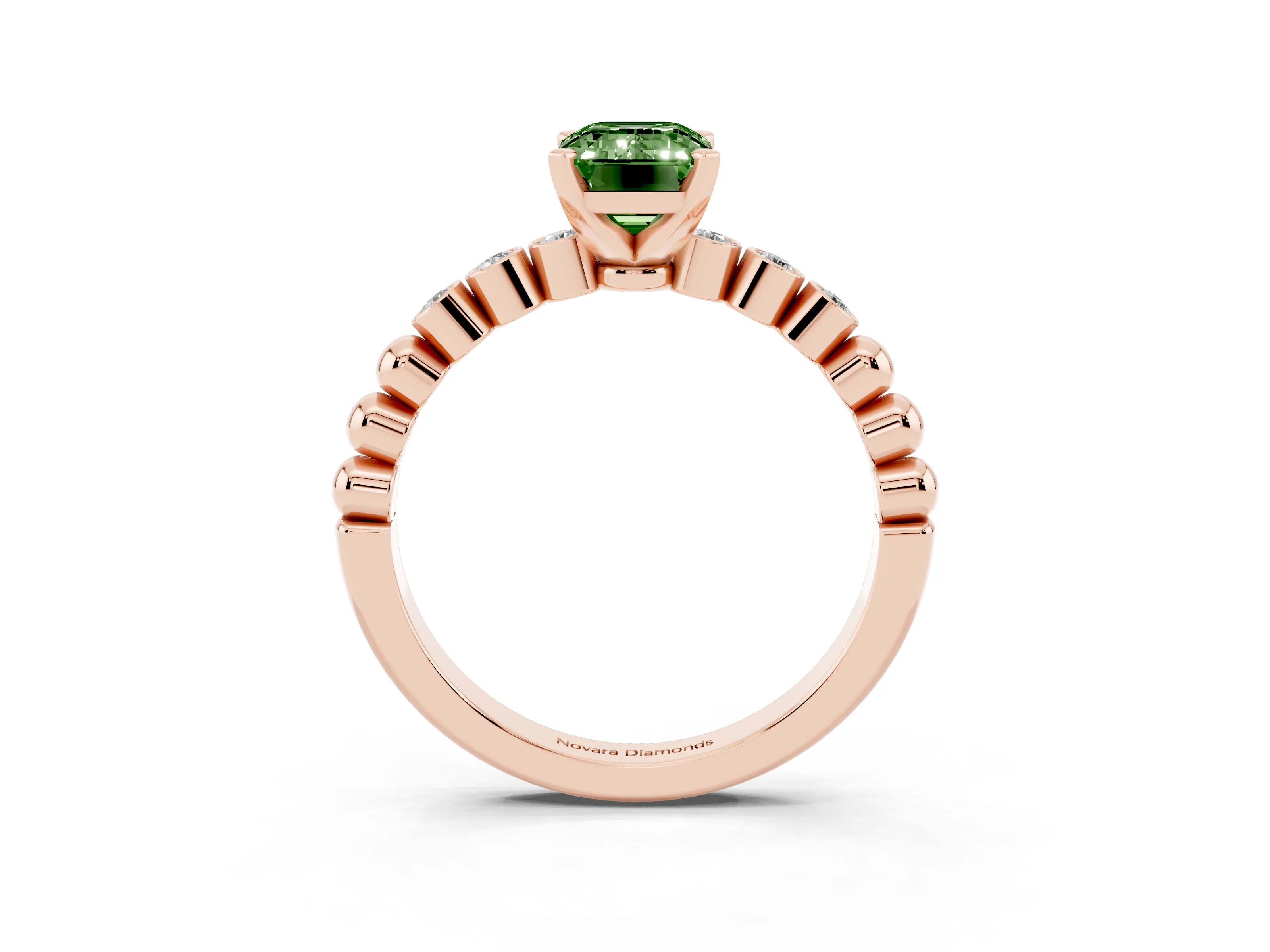 Fancy Green Emerald Cut Diamond Solitaire Engagement Ring Set in Rose gold with Bezel Accents on Beaded Band