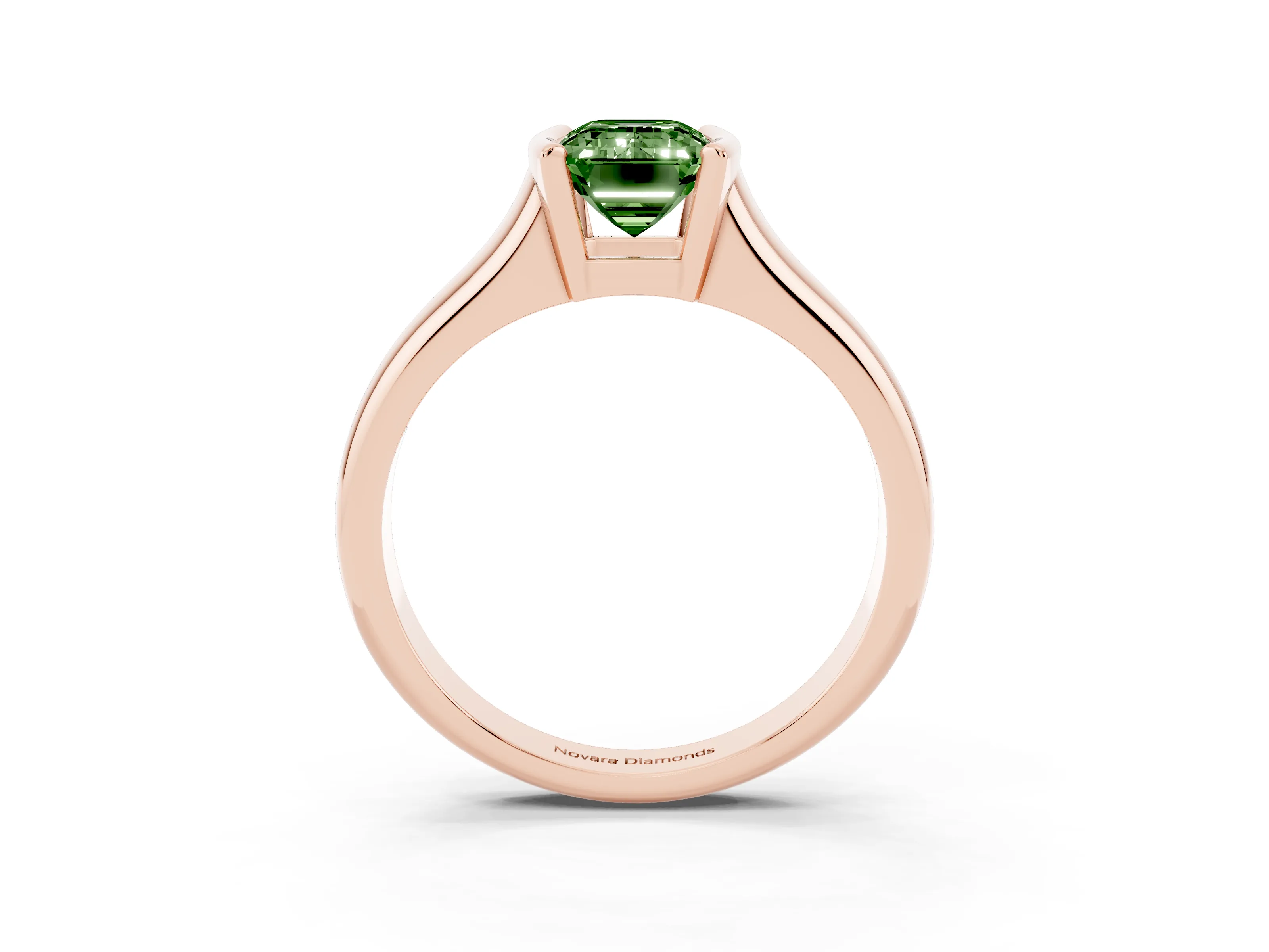 Fancy Green Emerald Cut Diamond Solitaire Tension Set Ring Set in Rose gold with Split Shank Band