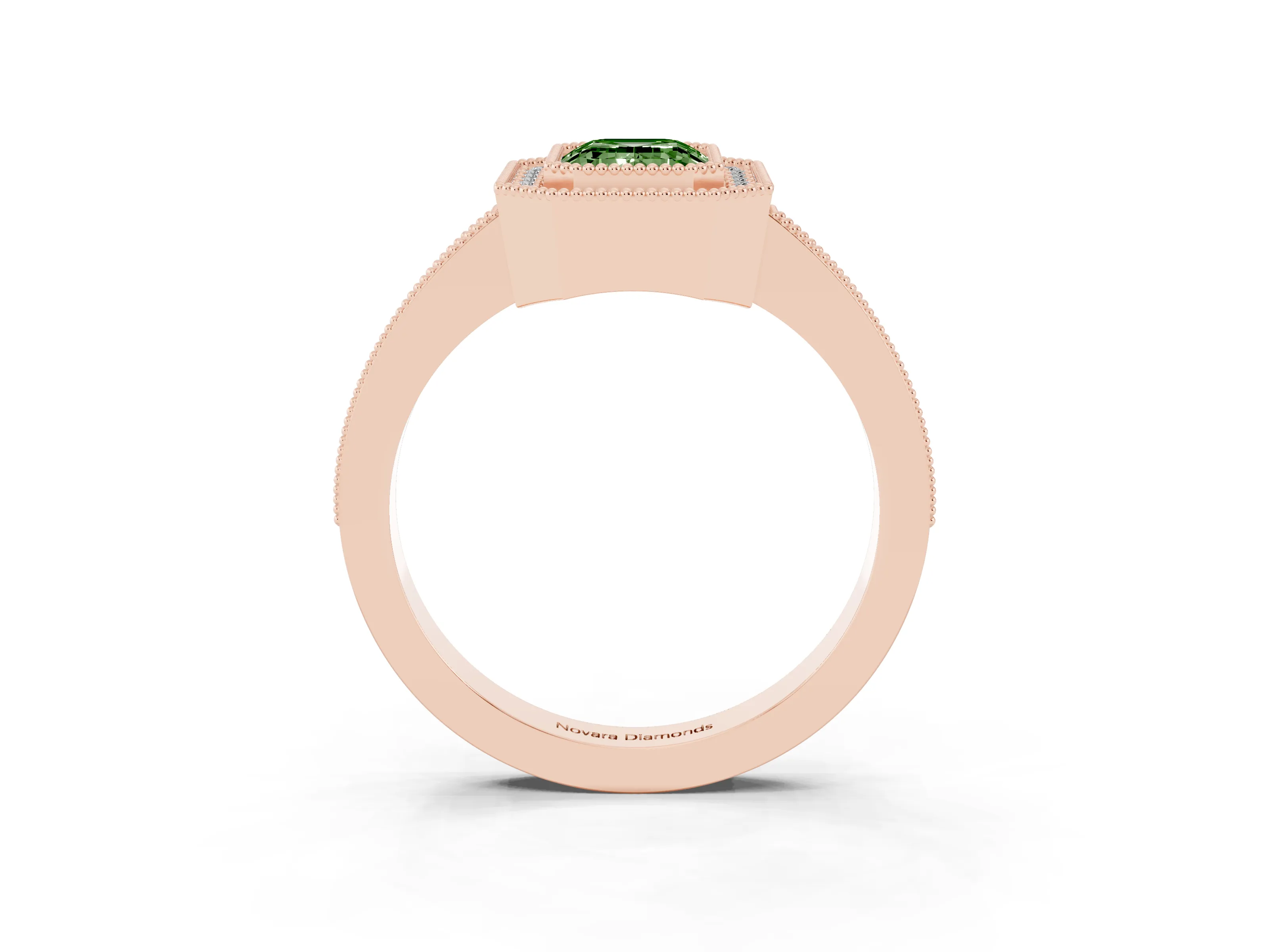 Fancy Green Emerald Cut Diamond Halo Engagement Ring Set in Rose gold with Pavé Band and Round Halo Stones