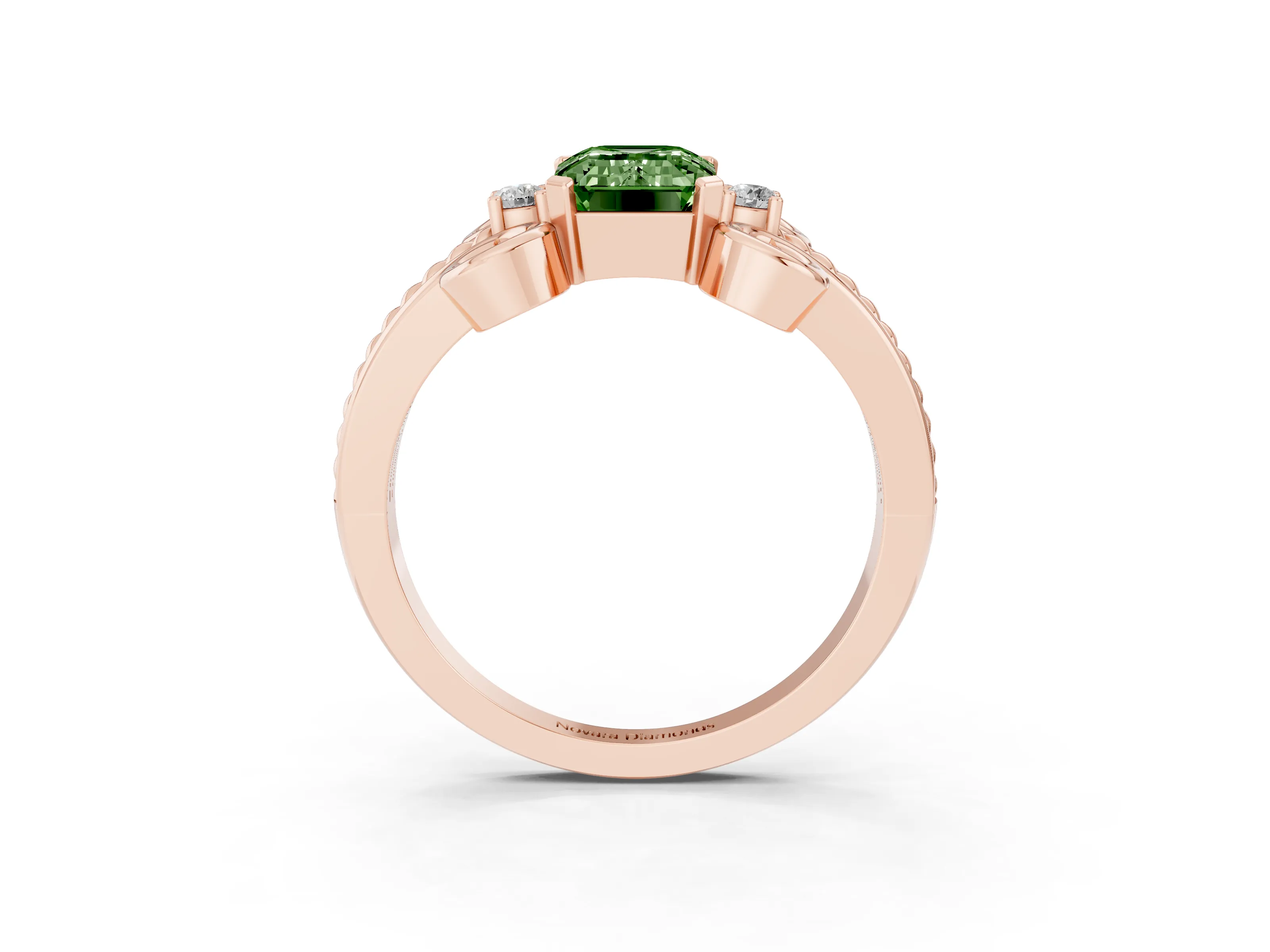 Fancy Green Emerald Cut Diamond Twisted Band Solitaire Ring Set in Rose gold with Scroll Prongs