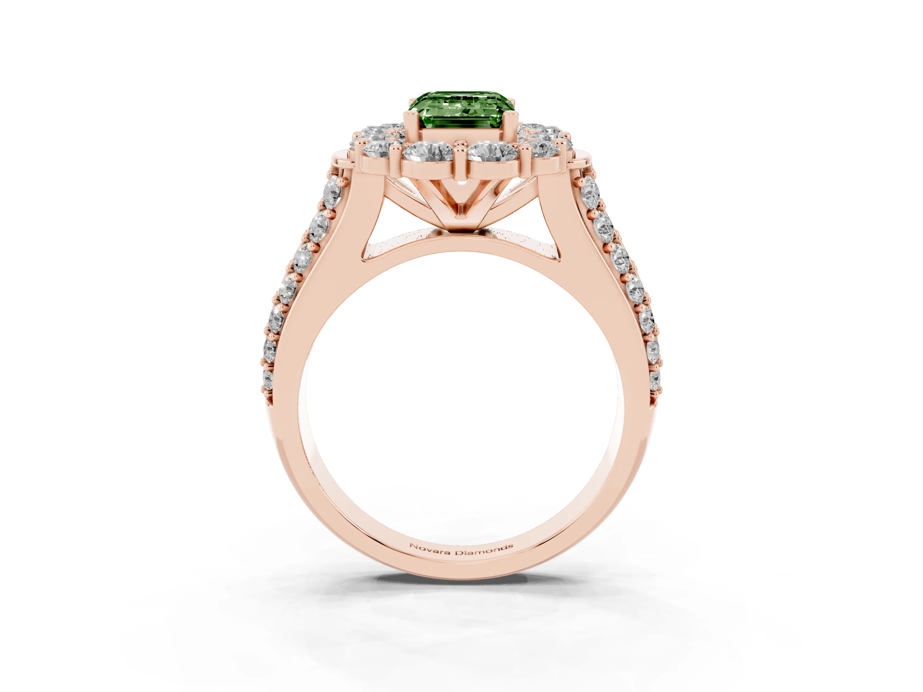 Fancy Green Emerald Cut Diamond Halo Engagement Ring Set in Rose gold with Split Shank and Prong Setting