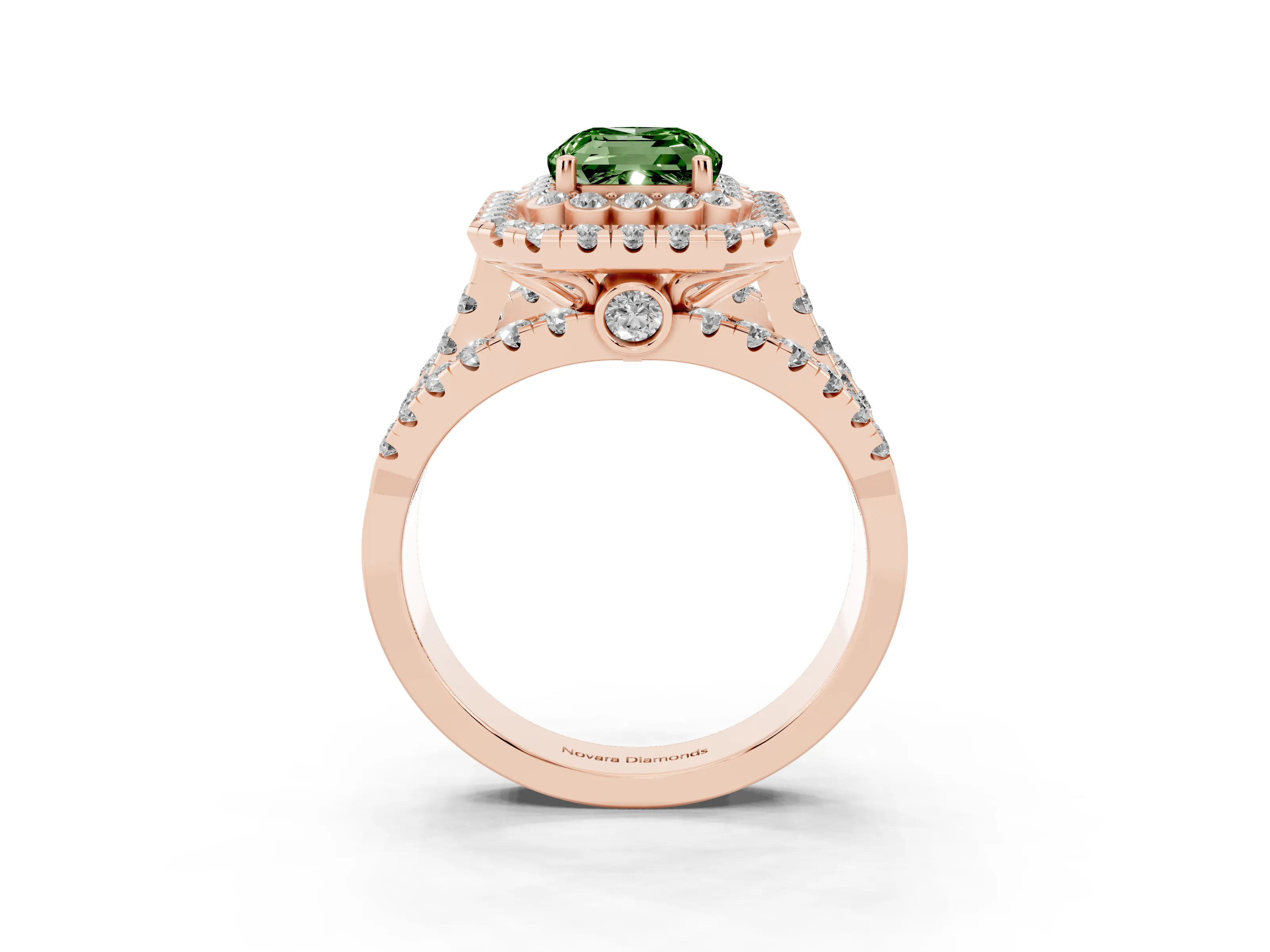 Fancy Green Emerald Cut Diamond Double Halo Ring Set in Rose gold with Round Pavé Split Shank