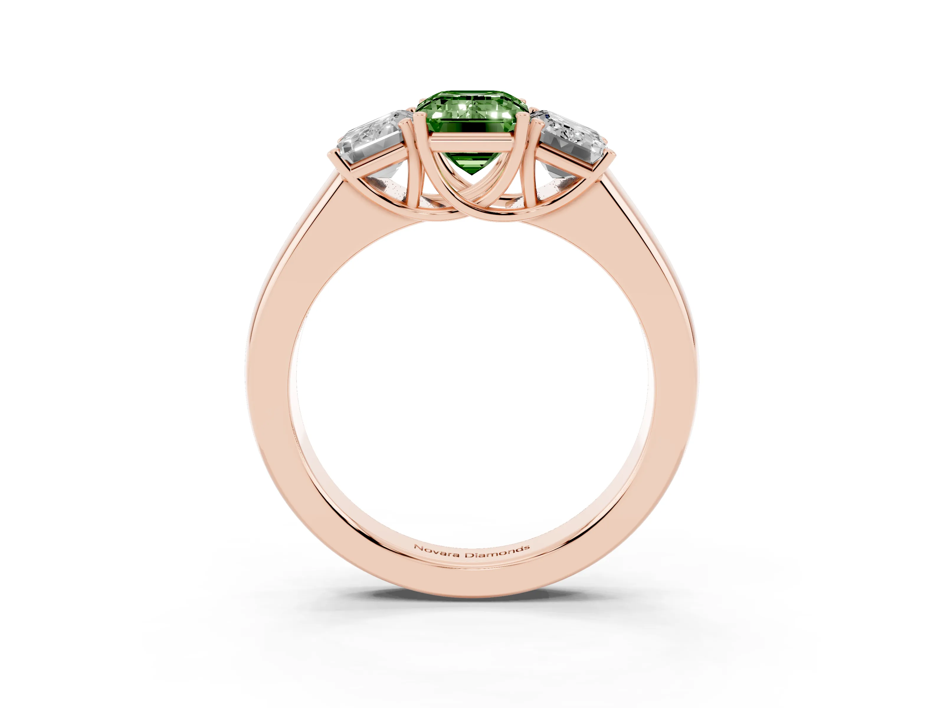 Fancy Green Three-Stone Emerald Cut Diamond Ring Set in Rose gold with Matching Prong Settings and Plain Band