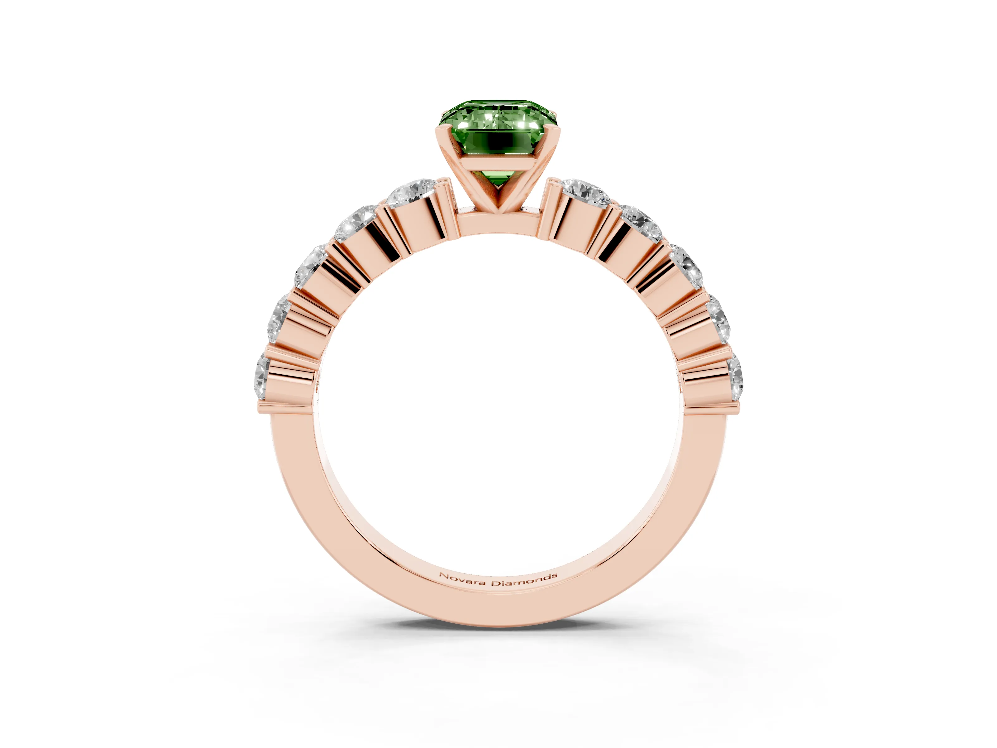 Fancy Green Emerald Cut Diamond Solitaire Ring Set in Rose gold with Shared Prong Round Side Stones