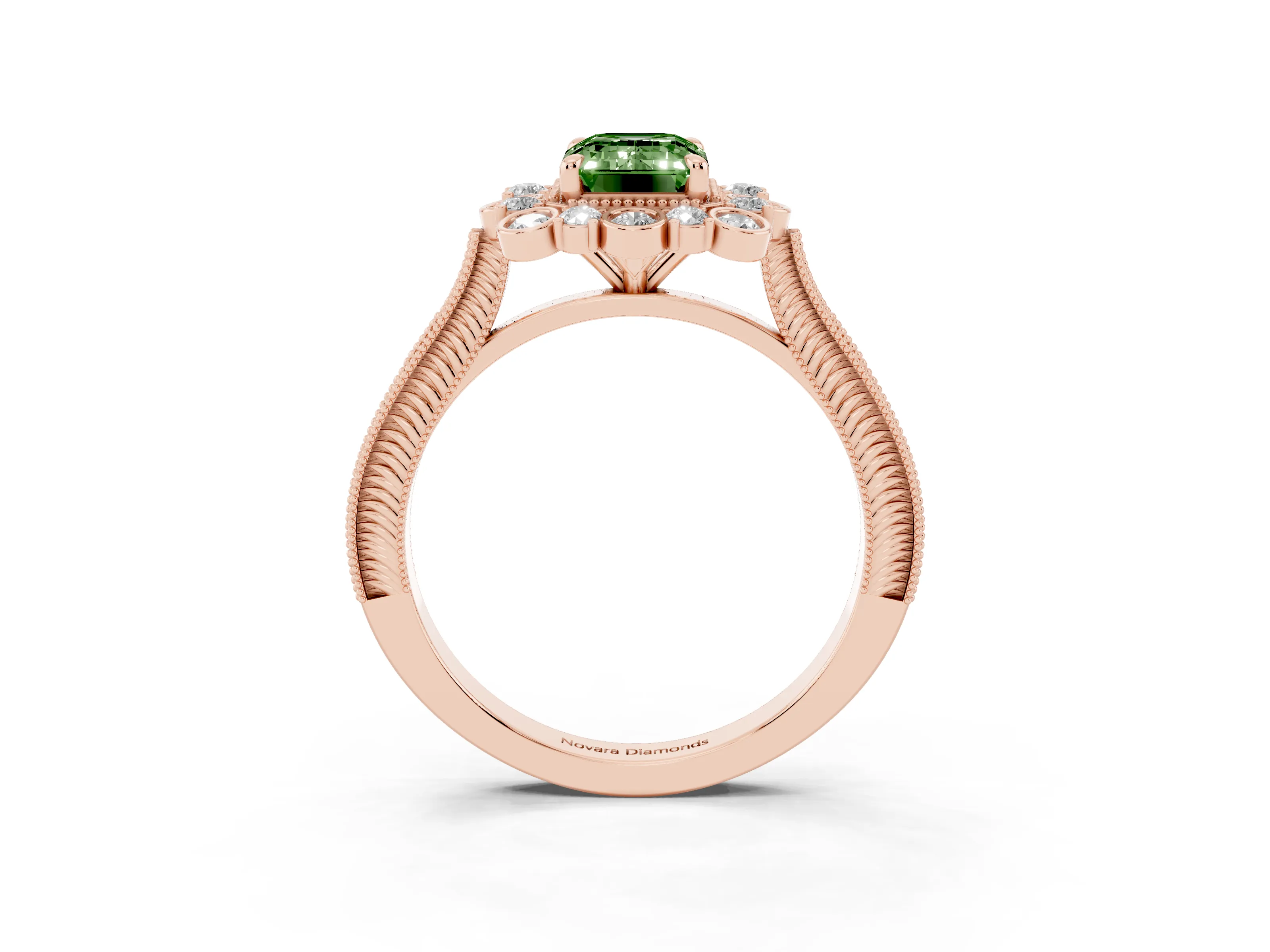 Fancy Green Emerald Cut Diamond Halo Milgrain Pavé Ring Set in Rose gold with Prong Setting