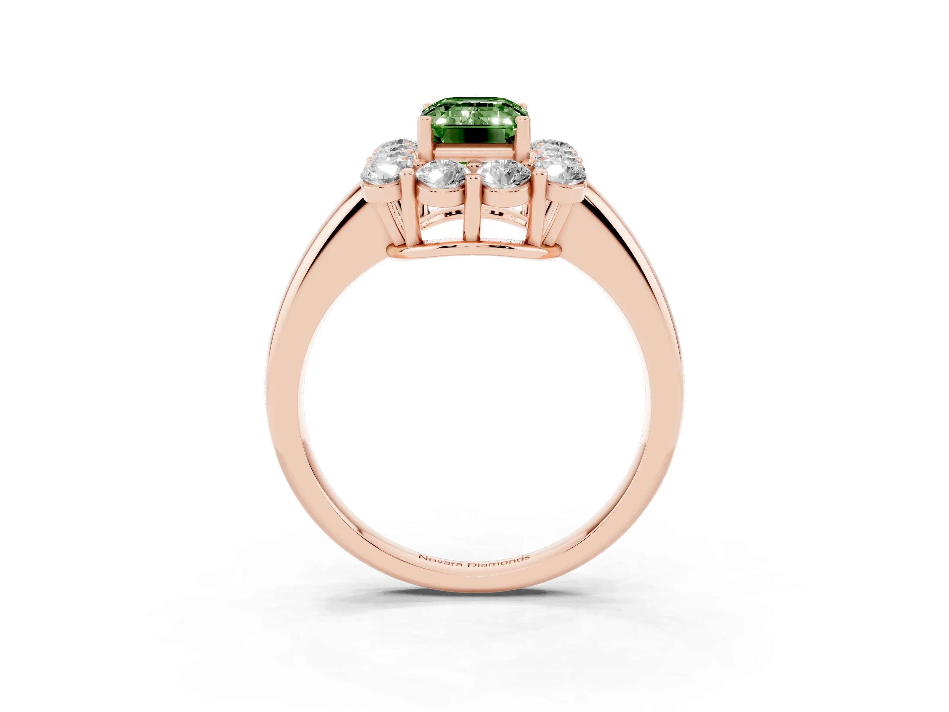 Fancy Green Emerald Cut Diamond Halo Cluster Engagement Ring Set in Rose gold with Polished Band and Prong Setting