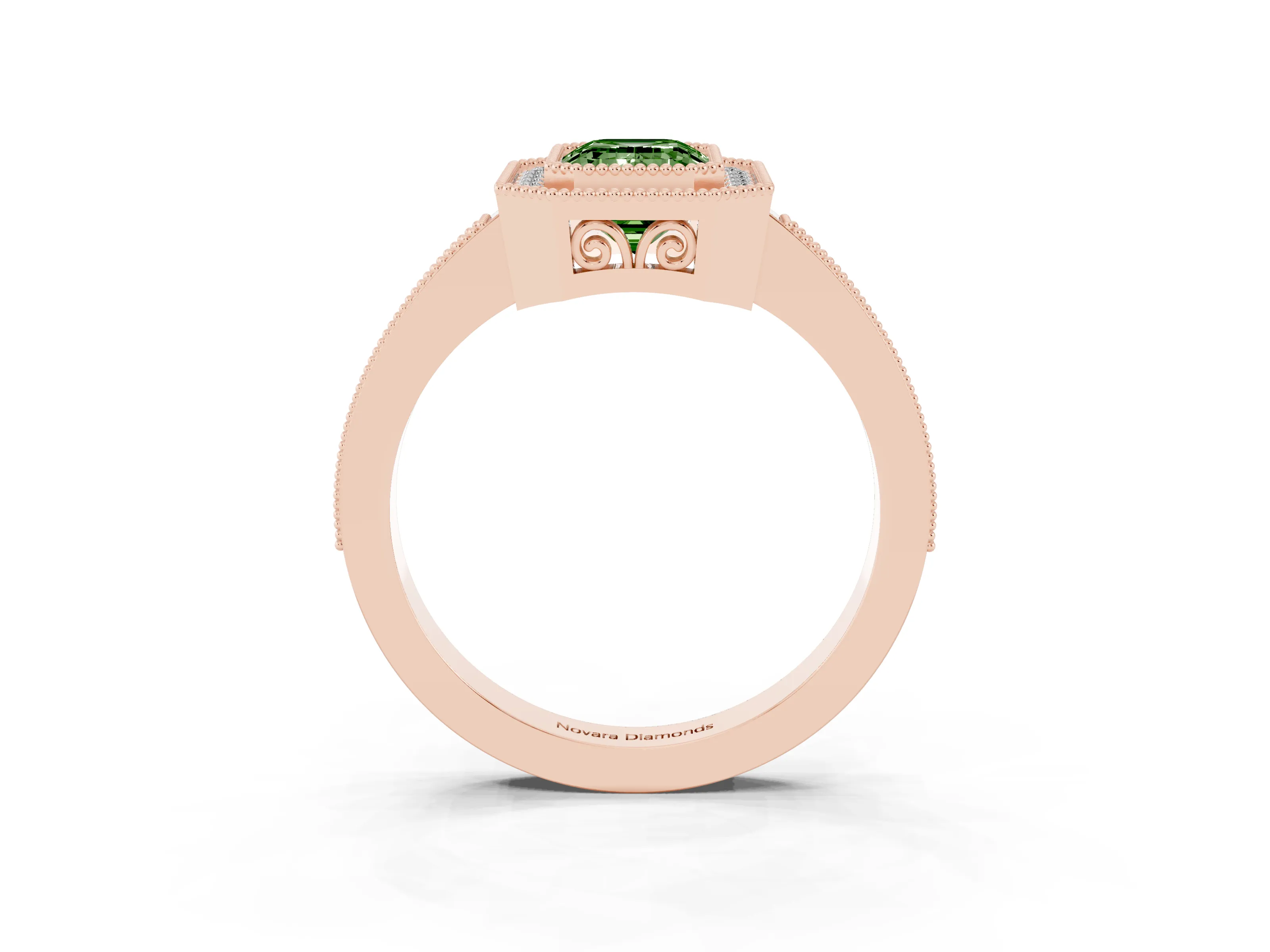 Fancy Green Emerald Cut Diamond Halo Ring Set in Rose gold with Pavé Band and Milgrain-Edged Prongs