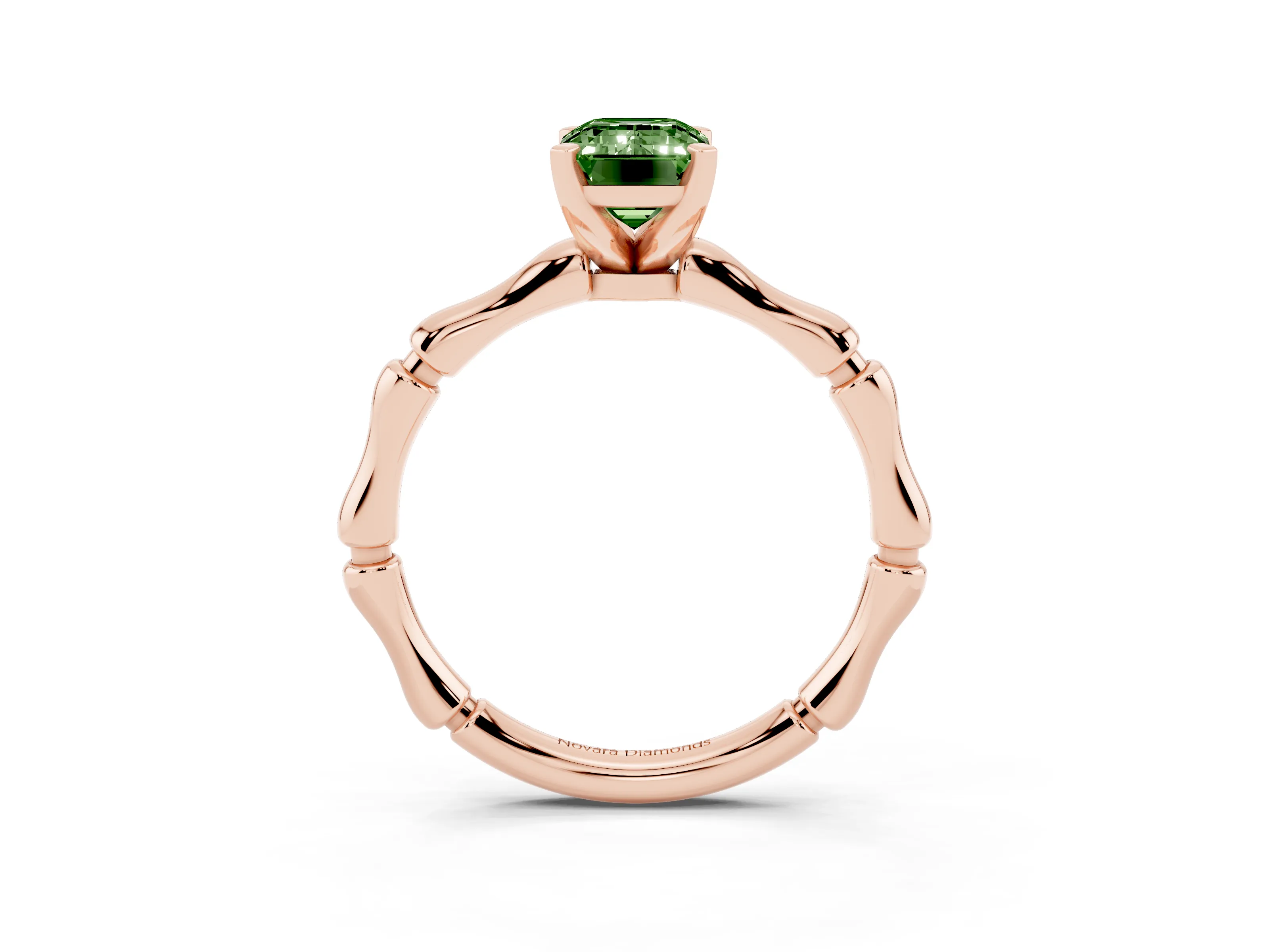 Fancy Green Emerald Cut Diamond Solitaire Ring Set in Rose gold with Bamboo Band and Prong Setting