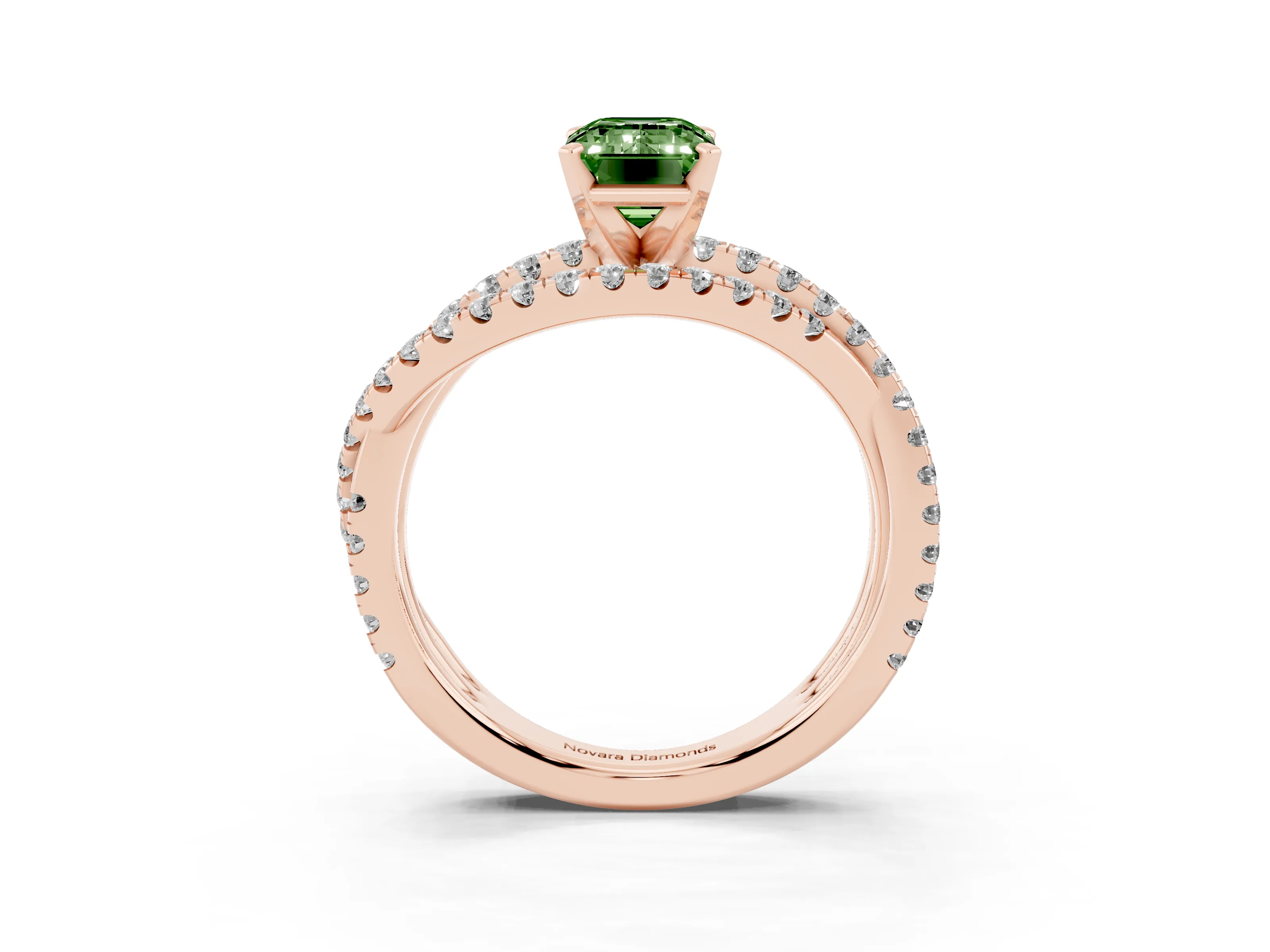 Fancy Green Emerald Cut Diamond Solitaire Twist Band Ring Set in Rose gold with Pavé Setting and Prong Head