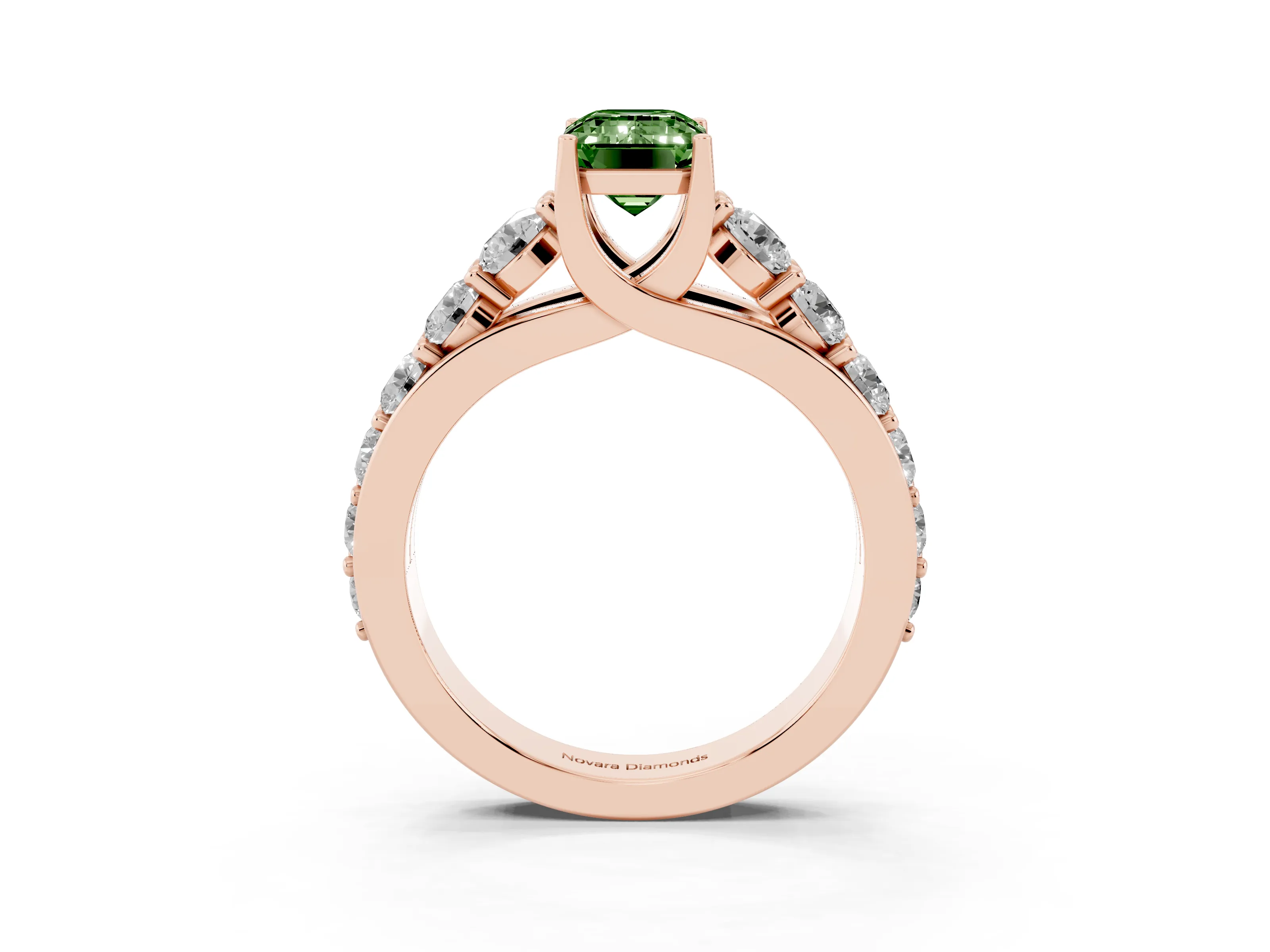 Fancy Green Emerald Cut Diamond Pavé Engagement Ring Set in Rose gold with Prong Setting
