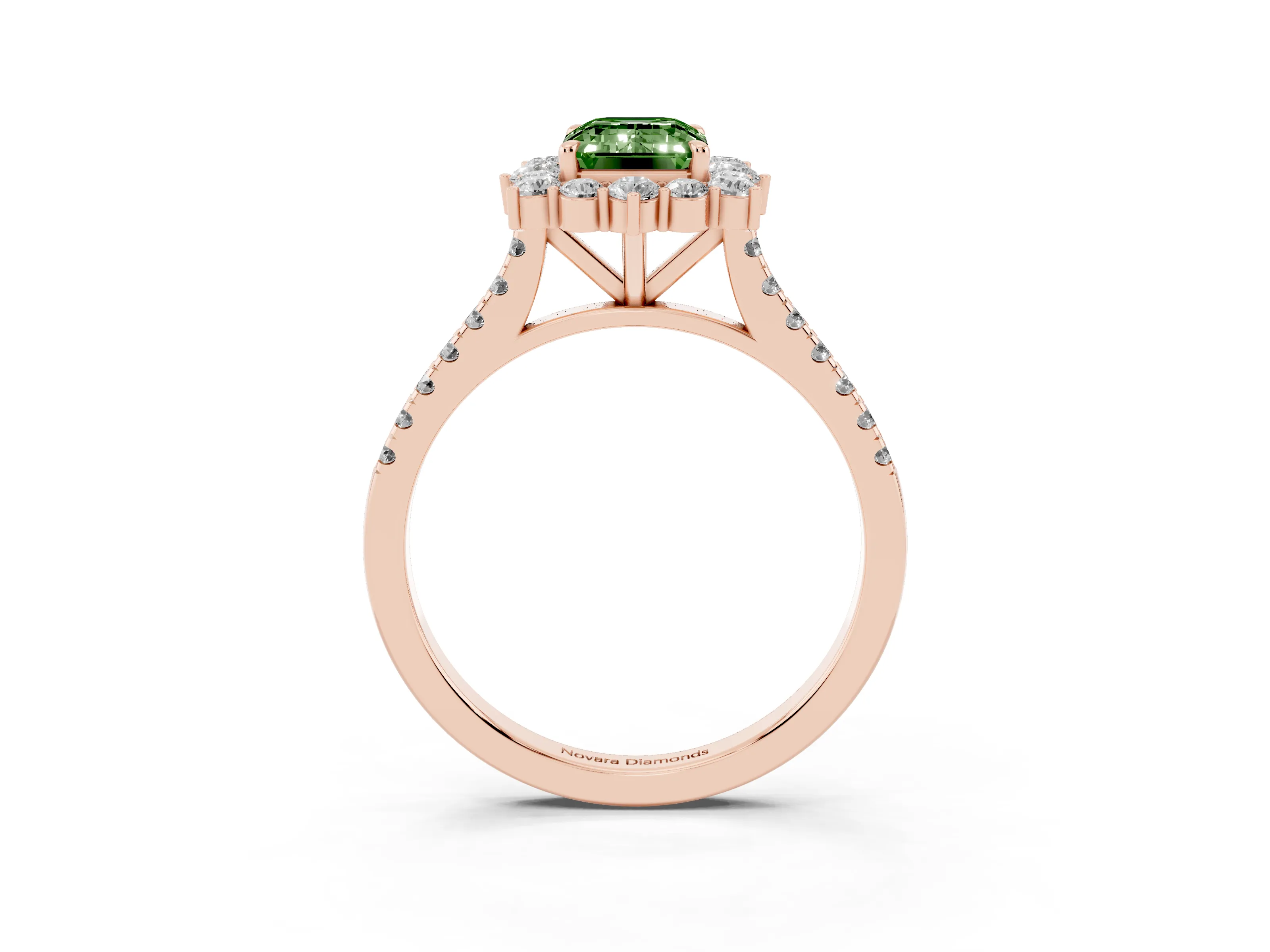 Fancy Green Emerald Cut Diamond Halo Ring Set in Rose gold with Pavé Band and Prong Setting