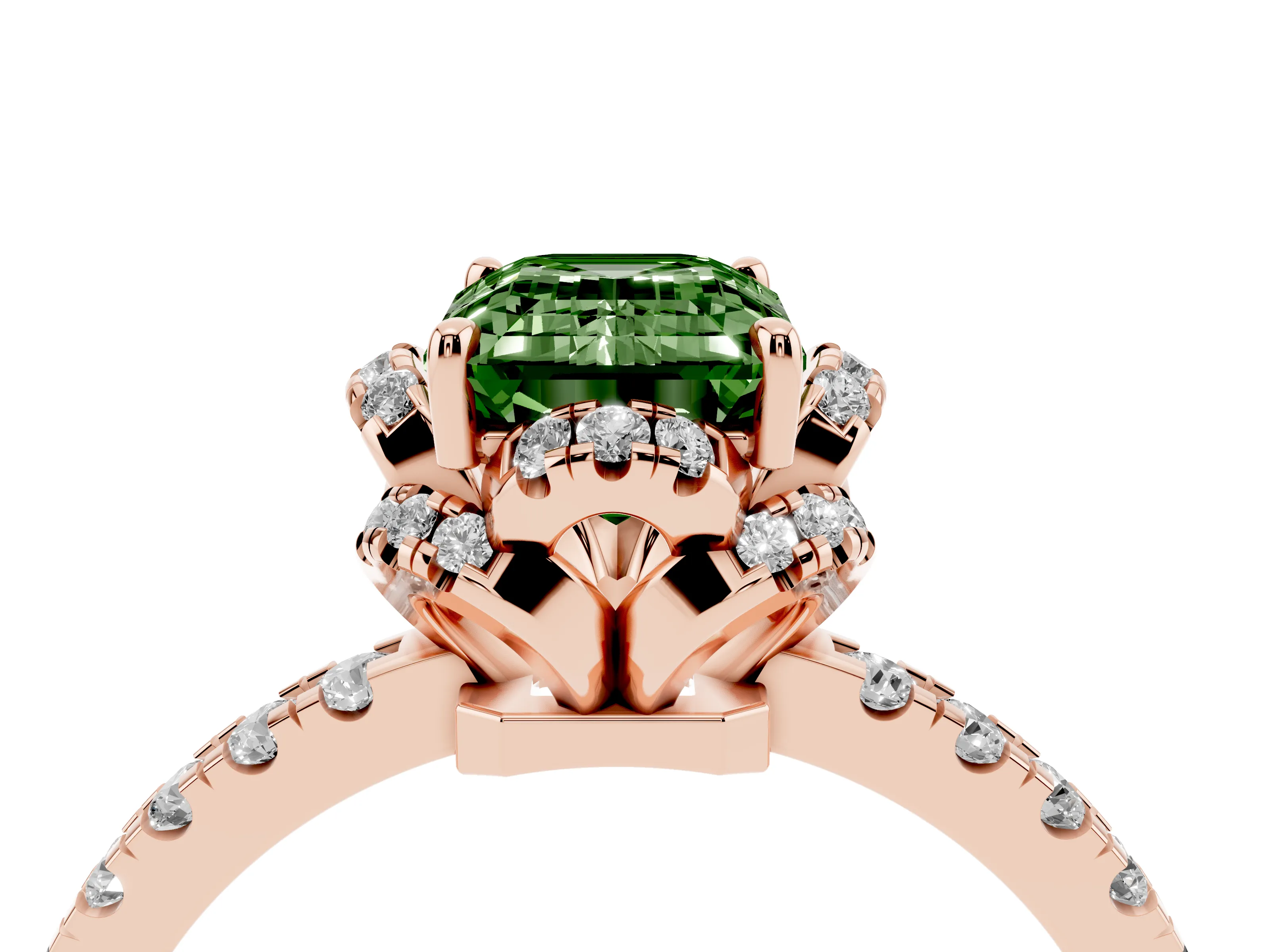 Fancy Green Emerald Cut Diamond Halo Pavé Band Ring Set in Rose gold with Prong-Held Center